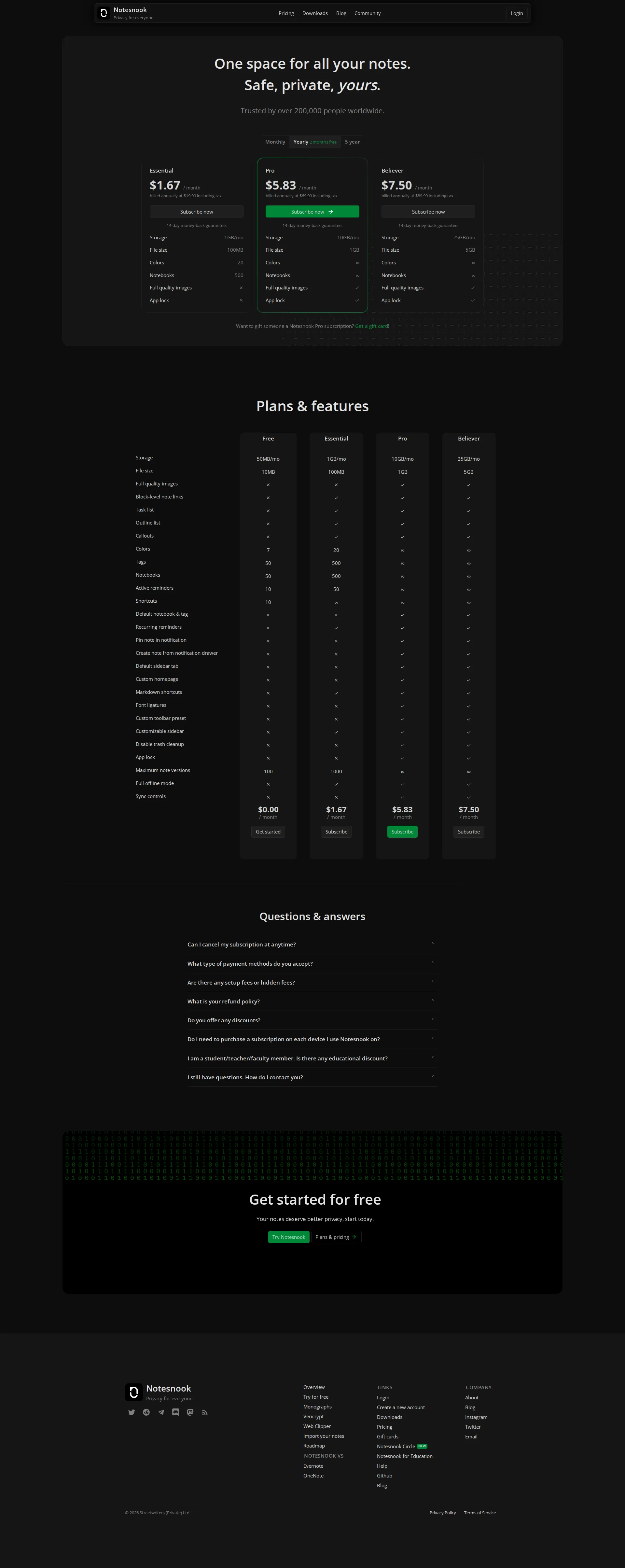 Notesnook pricing page screenshot
