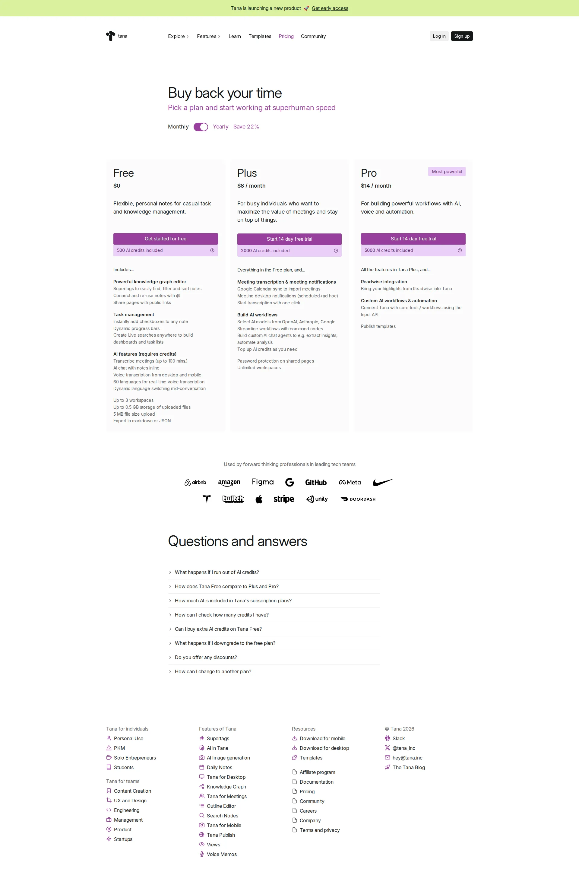 Tana pricing page screenshot