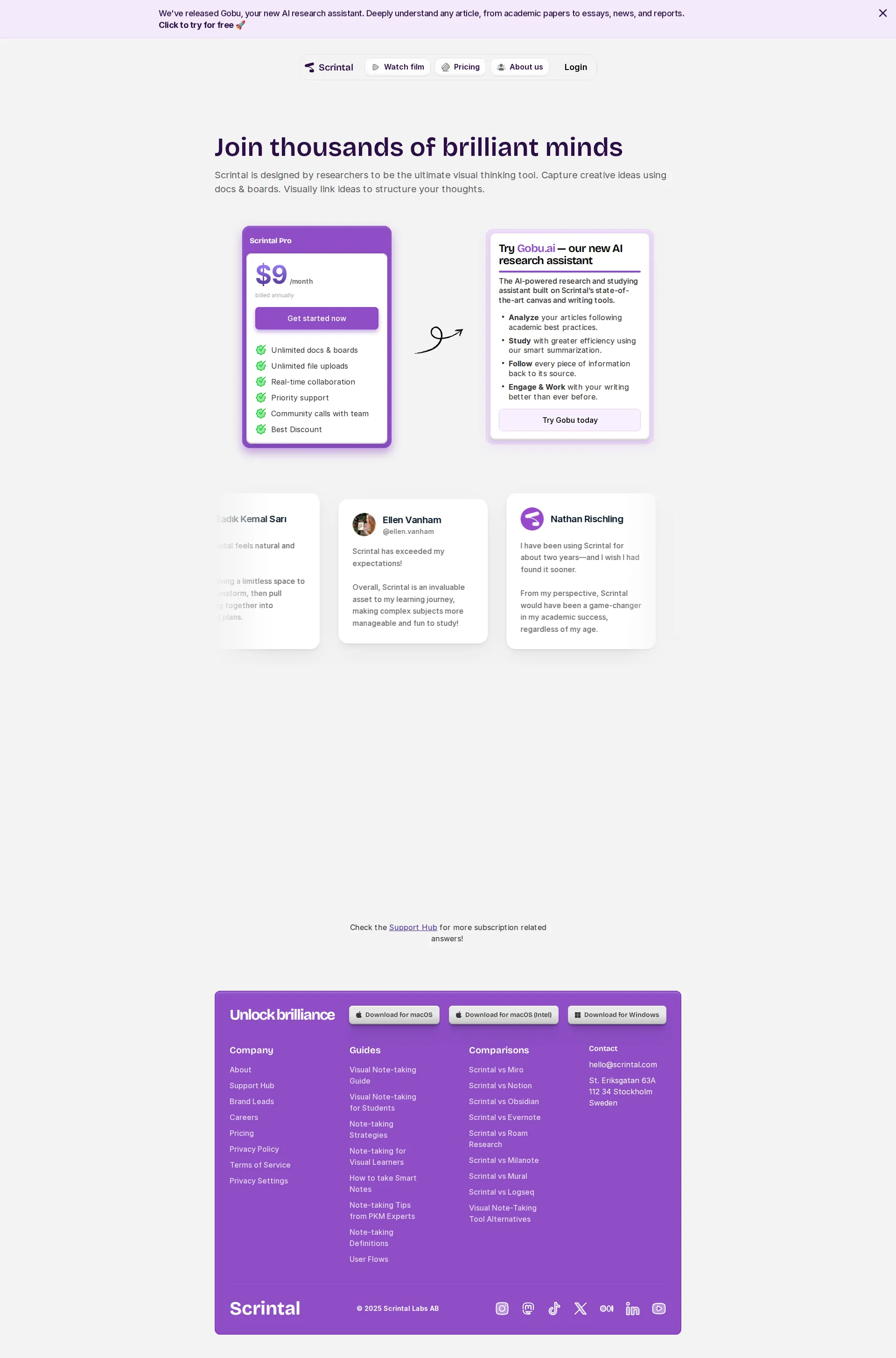 Scrintal pricing page screenshot