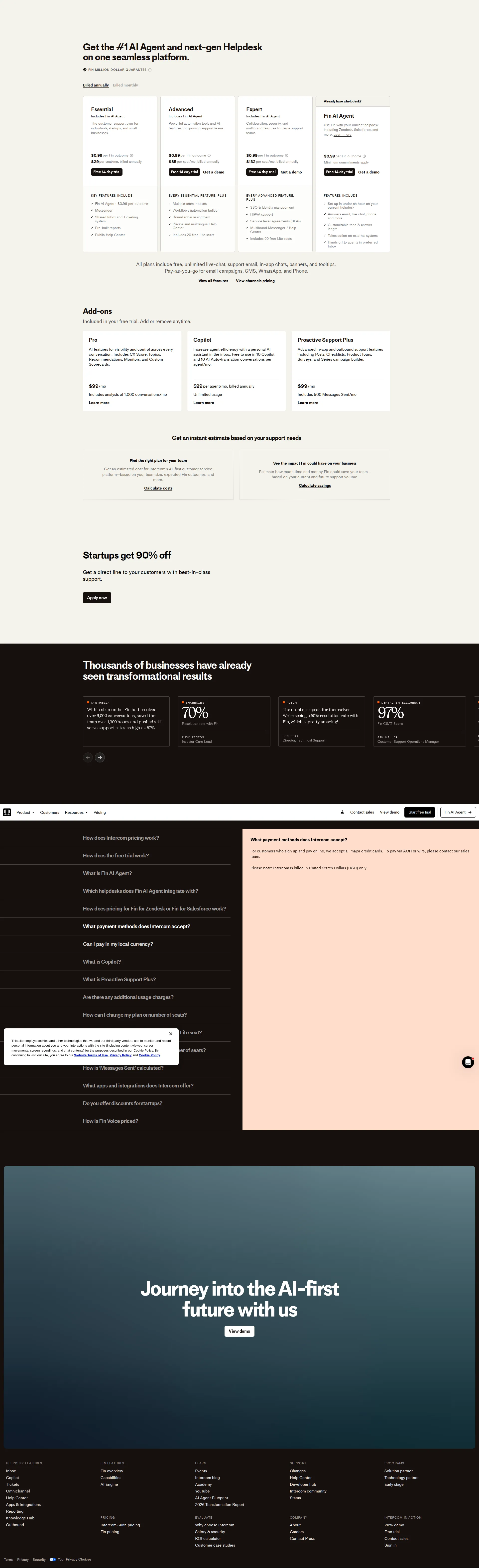 Intercom pricing page screenshot