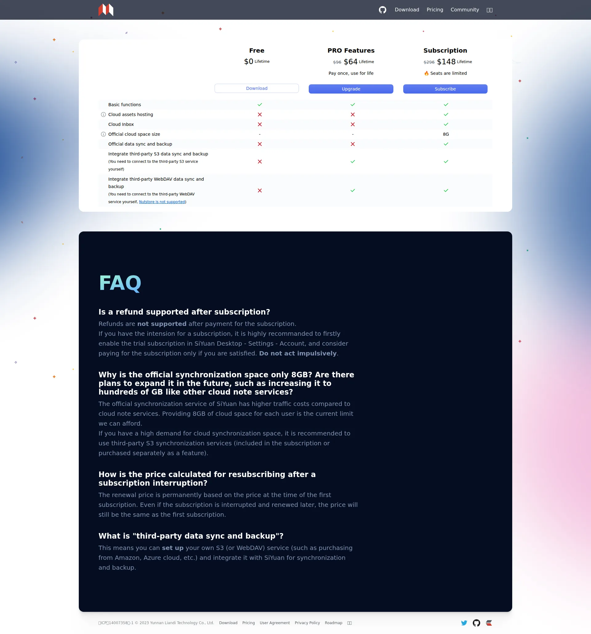 SiYuan pricing page screenshot