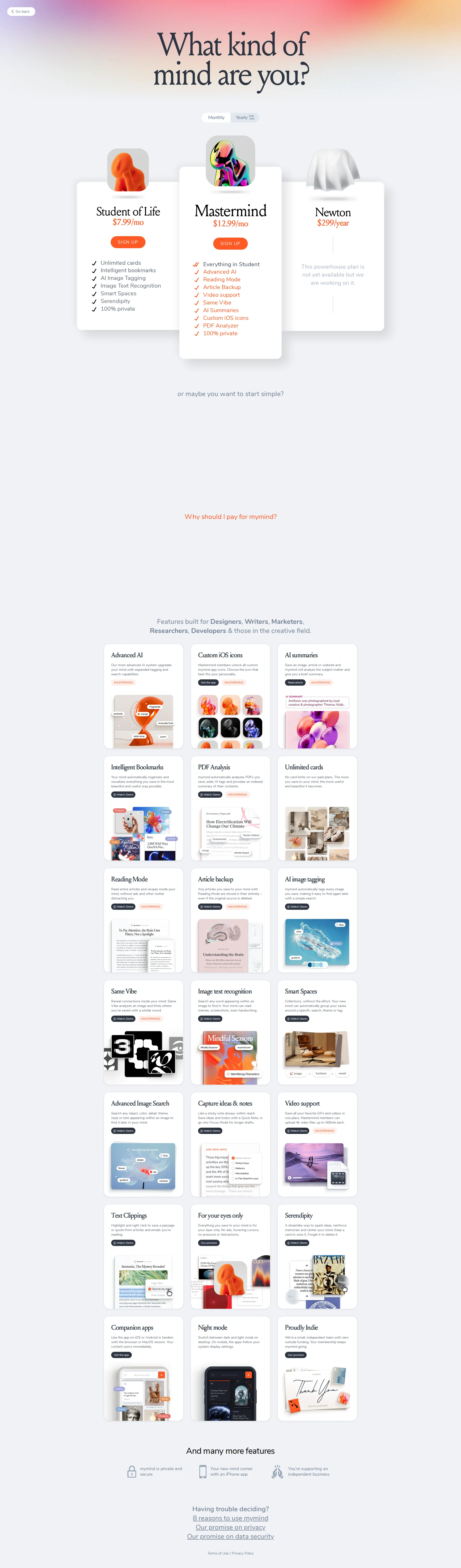Mymind pricing page screenshot