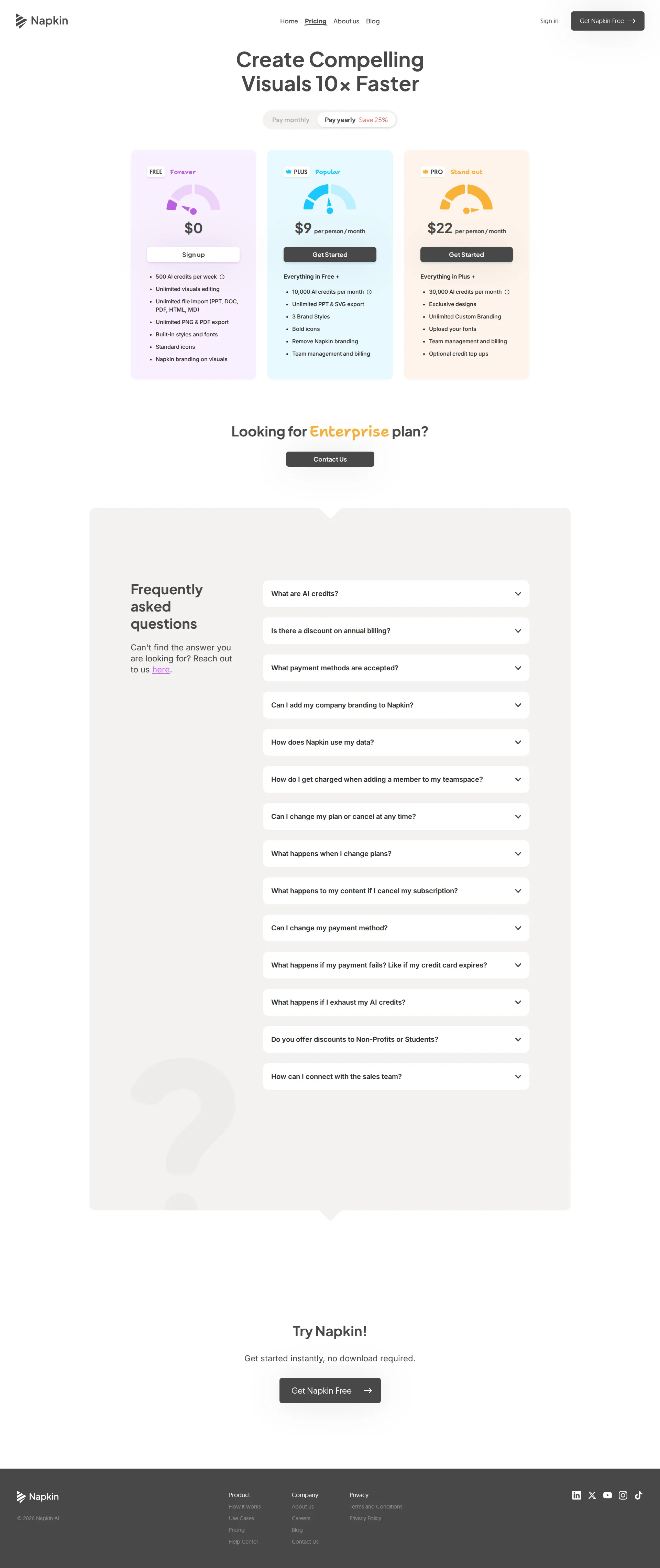 Napkin pricing page screenshot