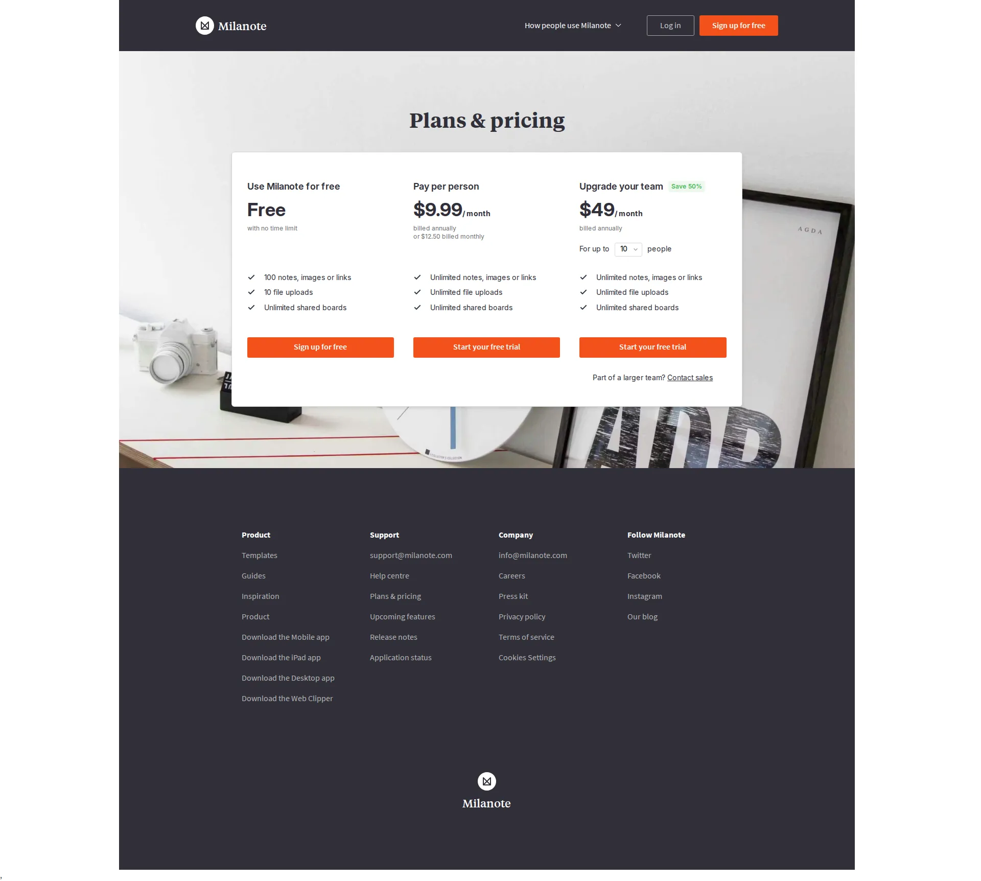 Milanote pricing page screenshot