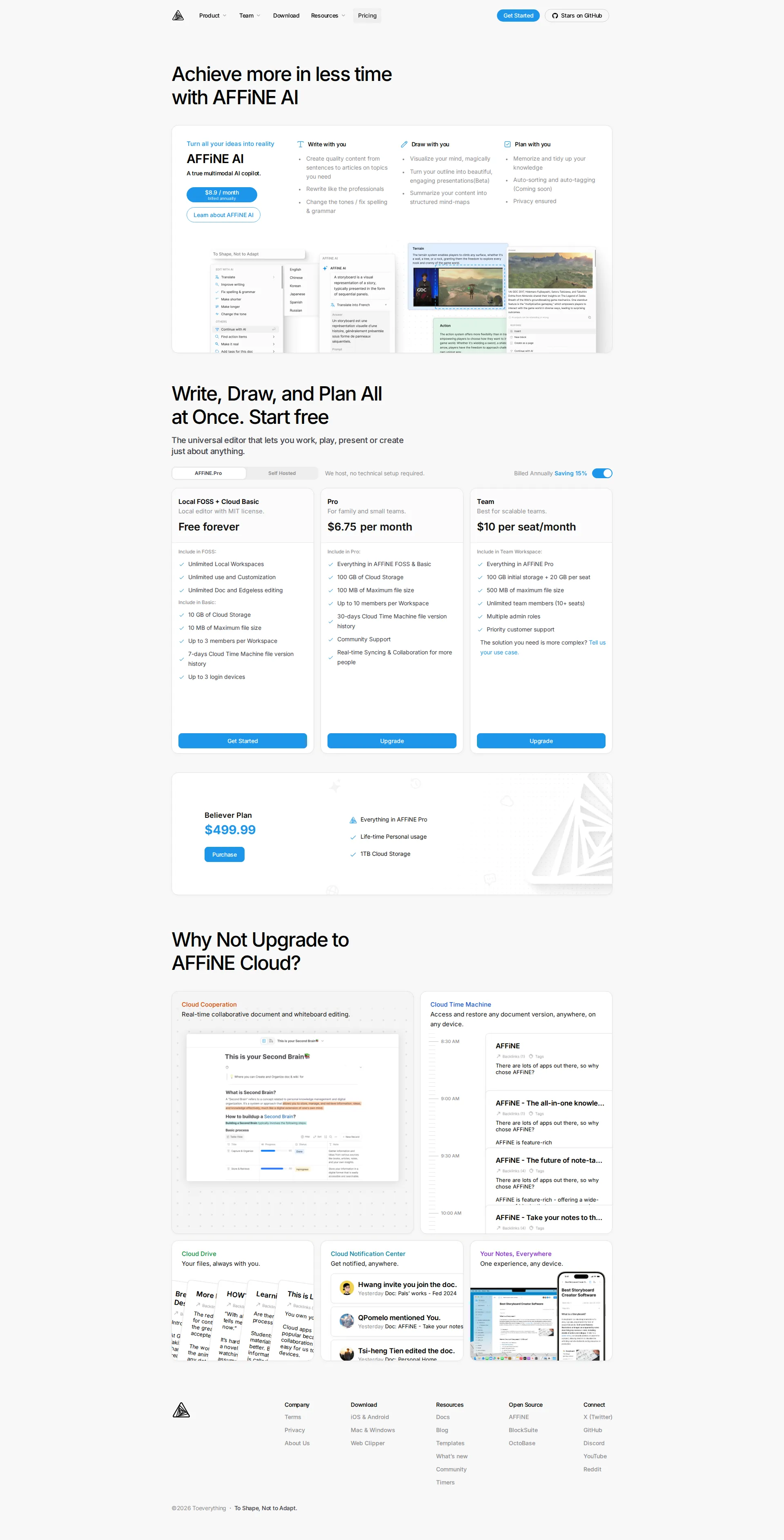 Notion-like Affine pricing page screenshot