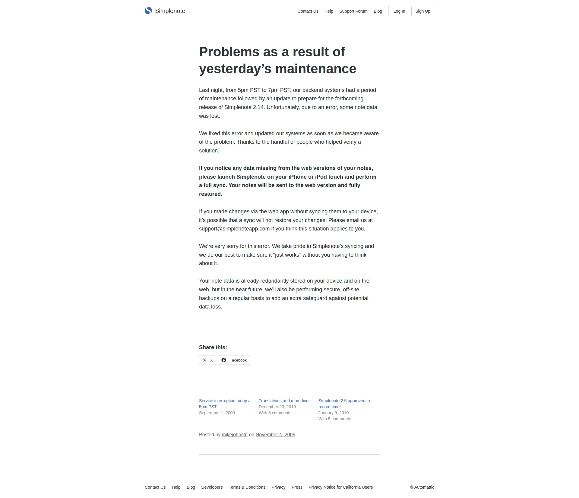 Simplenote pricing page screenshot
