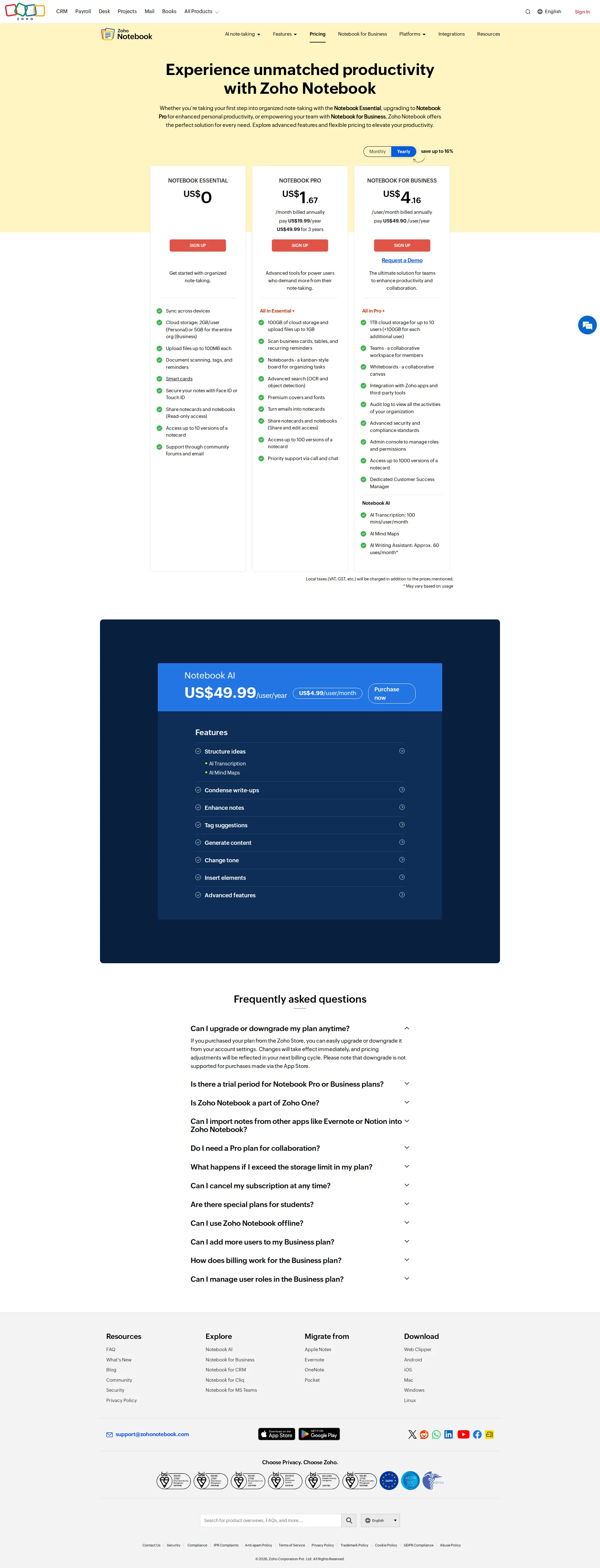 Zoho Notebook pricing page screenshot