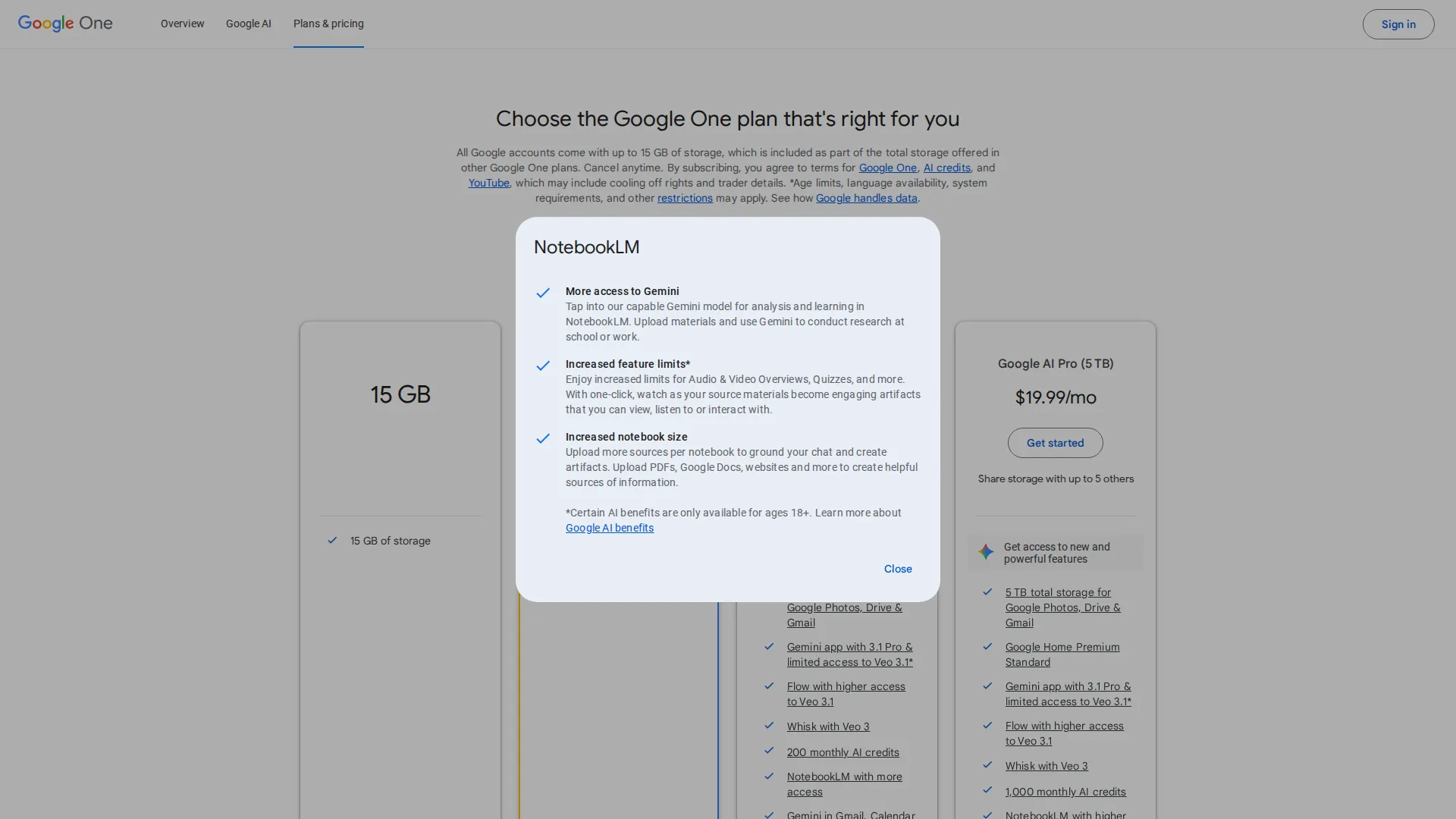 Google One pricing page screenshot