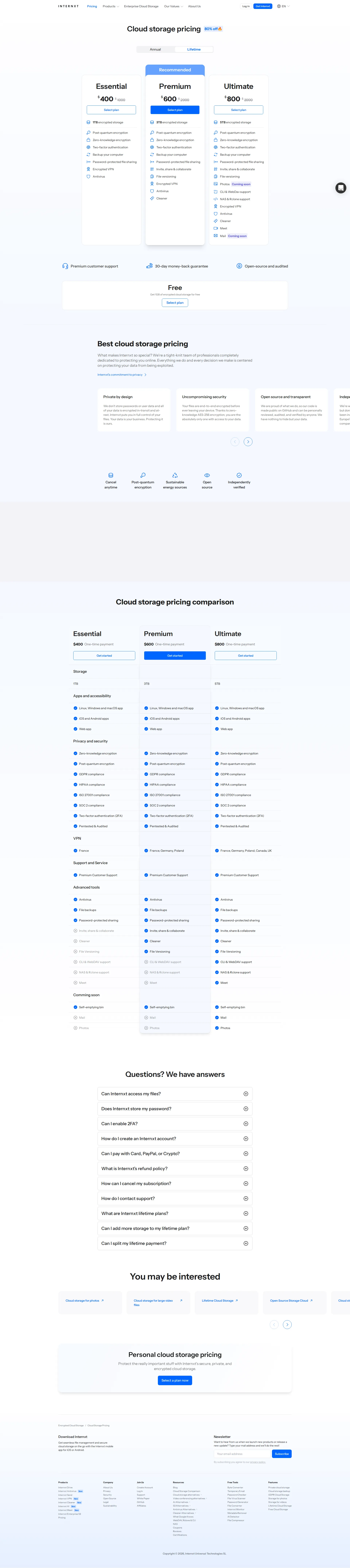 Internxt pricing page screenshot