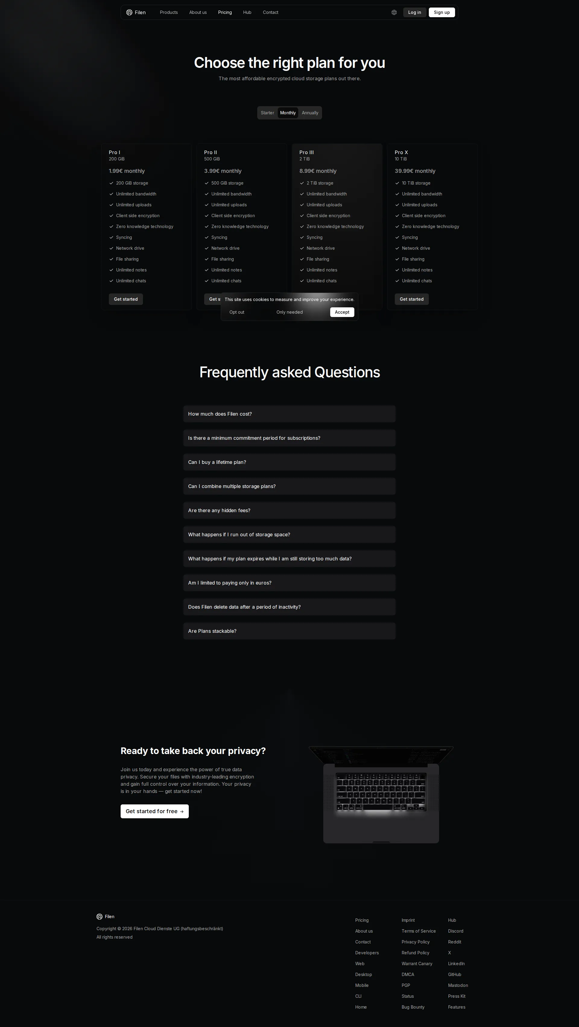 Filen pricing page screenshot