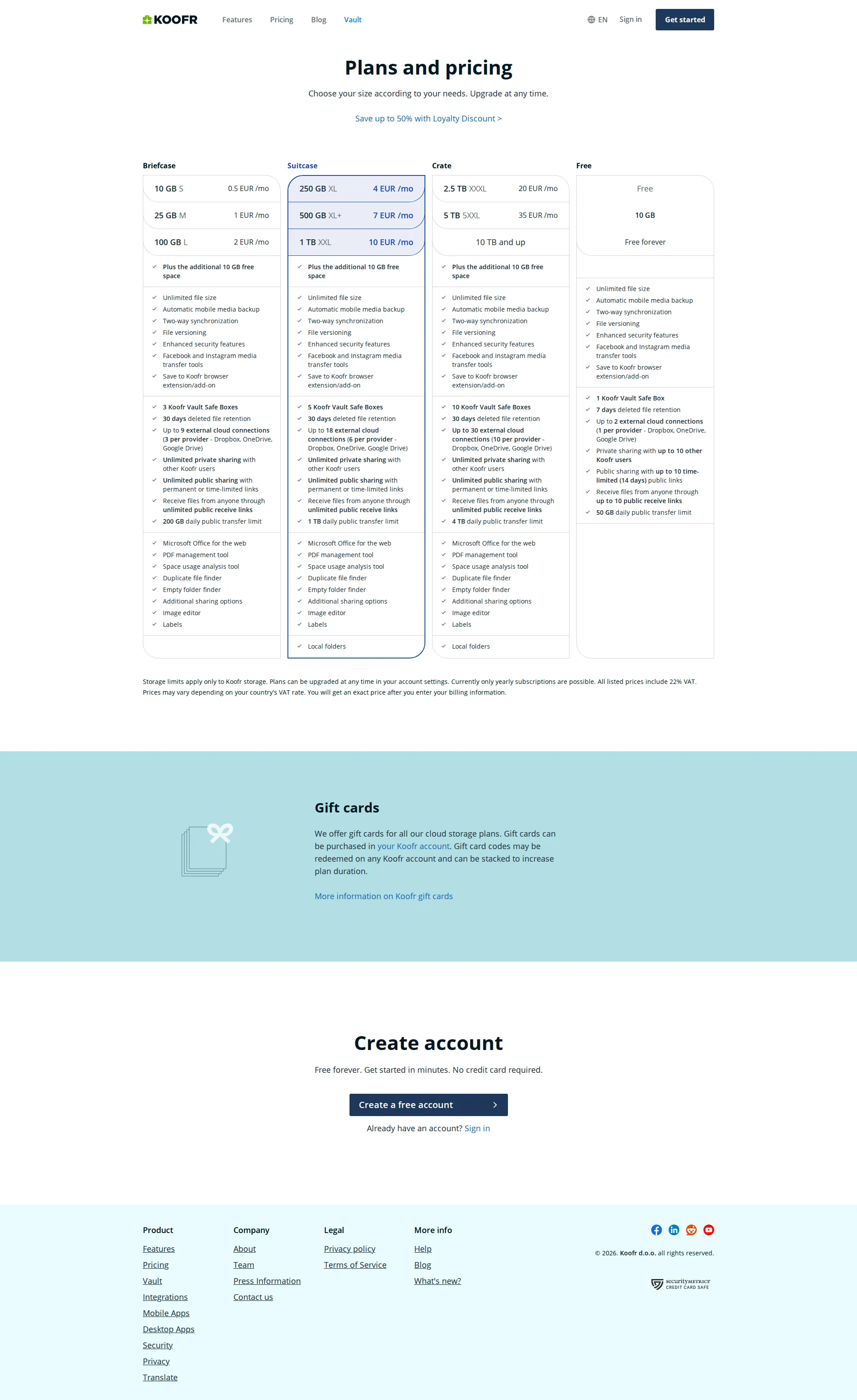 Koofr pricing page screenshot