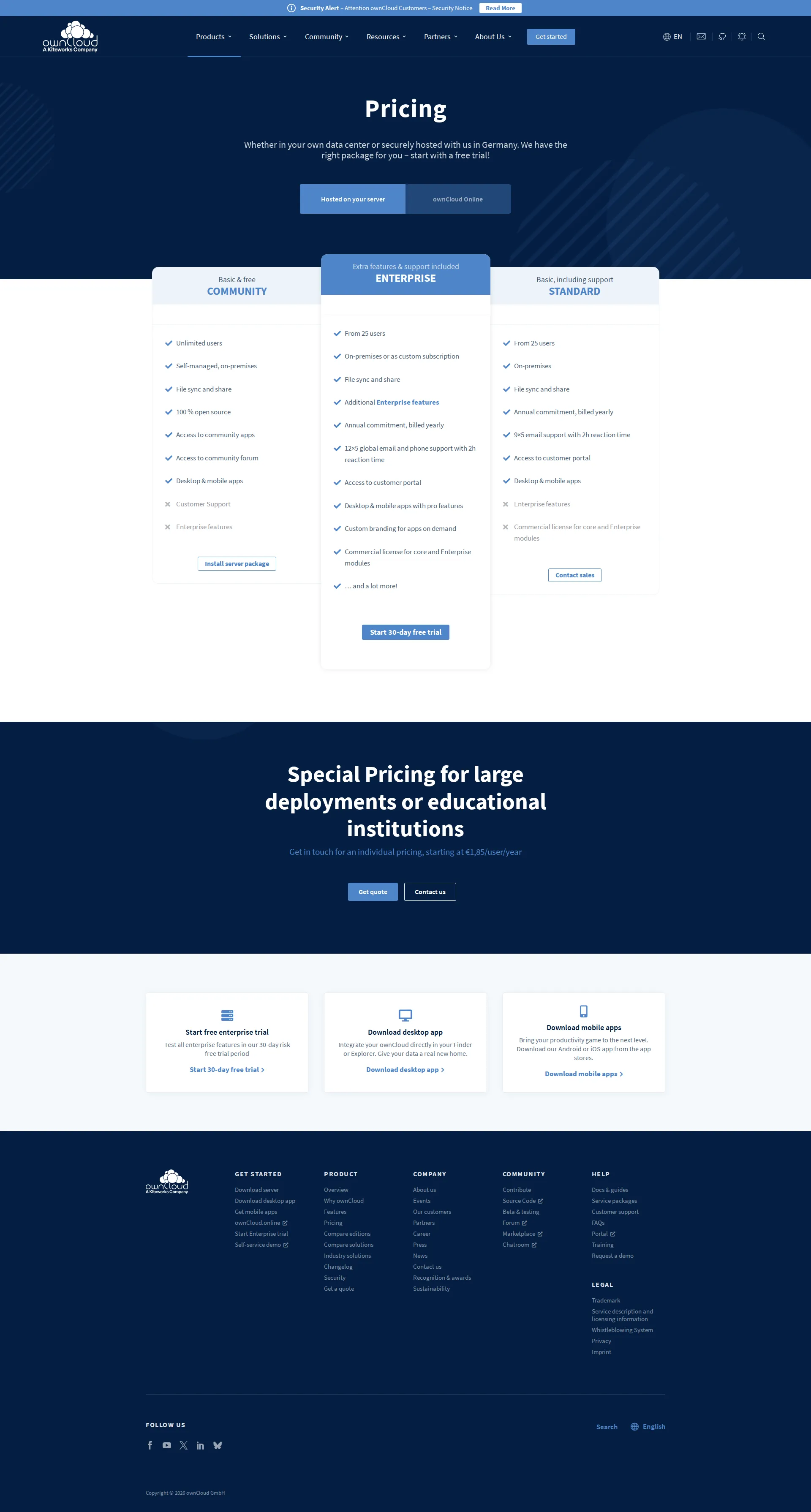 ownCloud pricing page screenshot