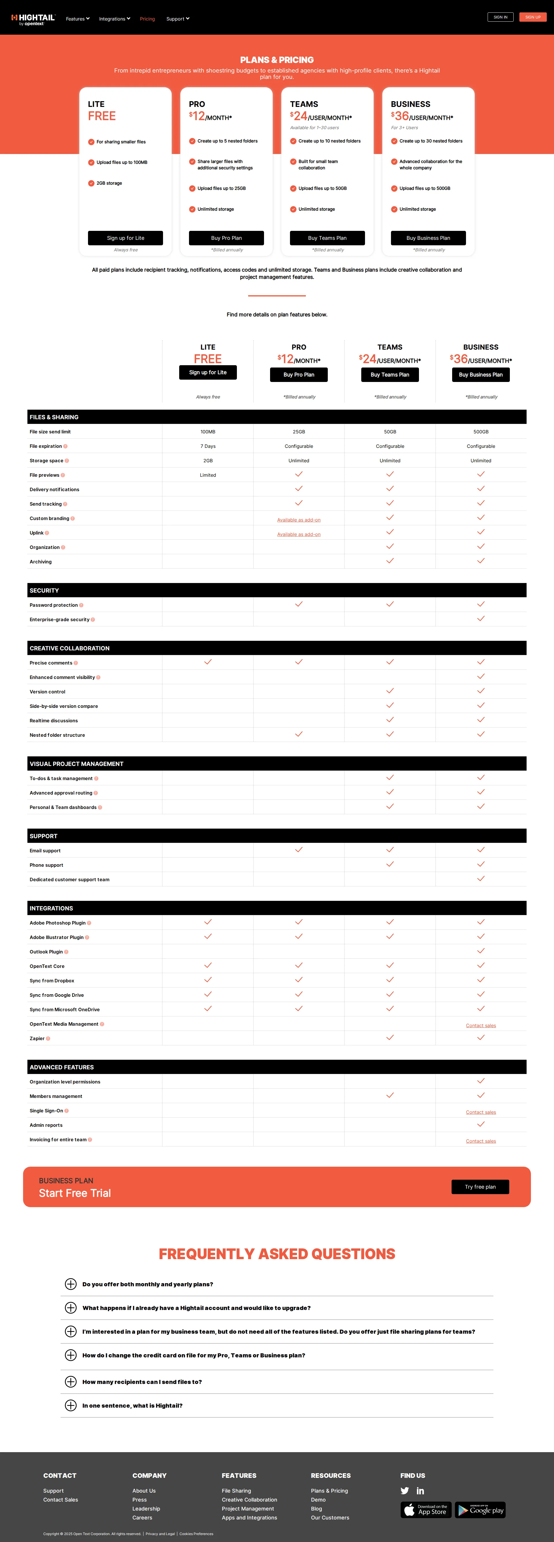 Hightail pricing page screenshot