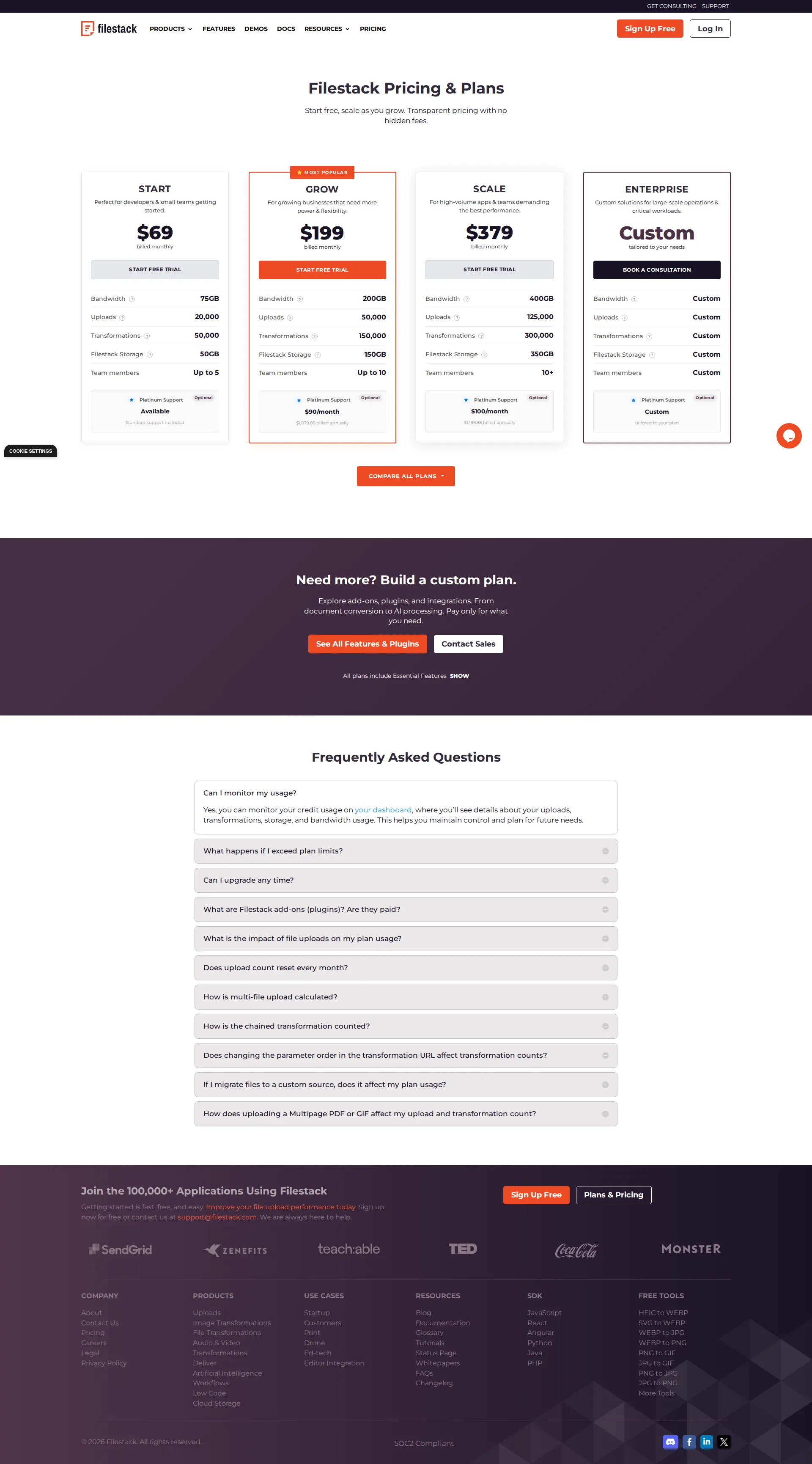 Filestack pricing page screenshot
