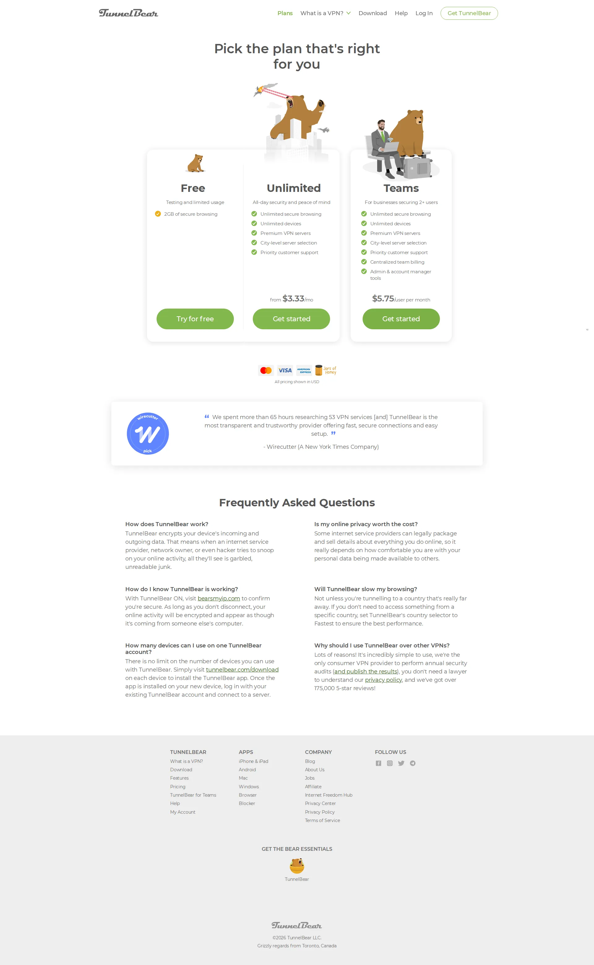 TunnelBear pricing page screenshot