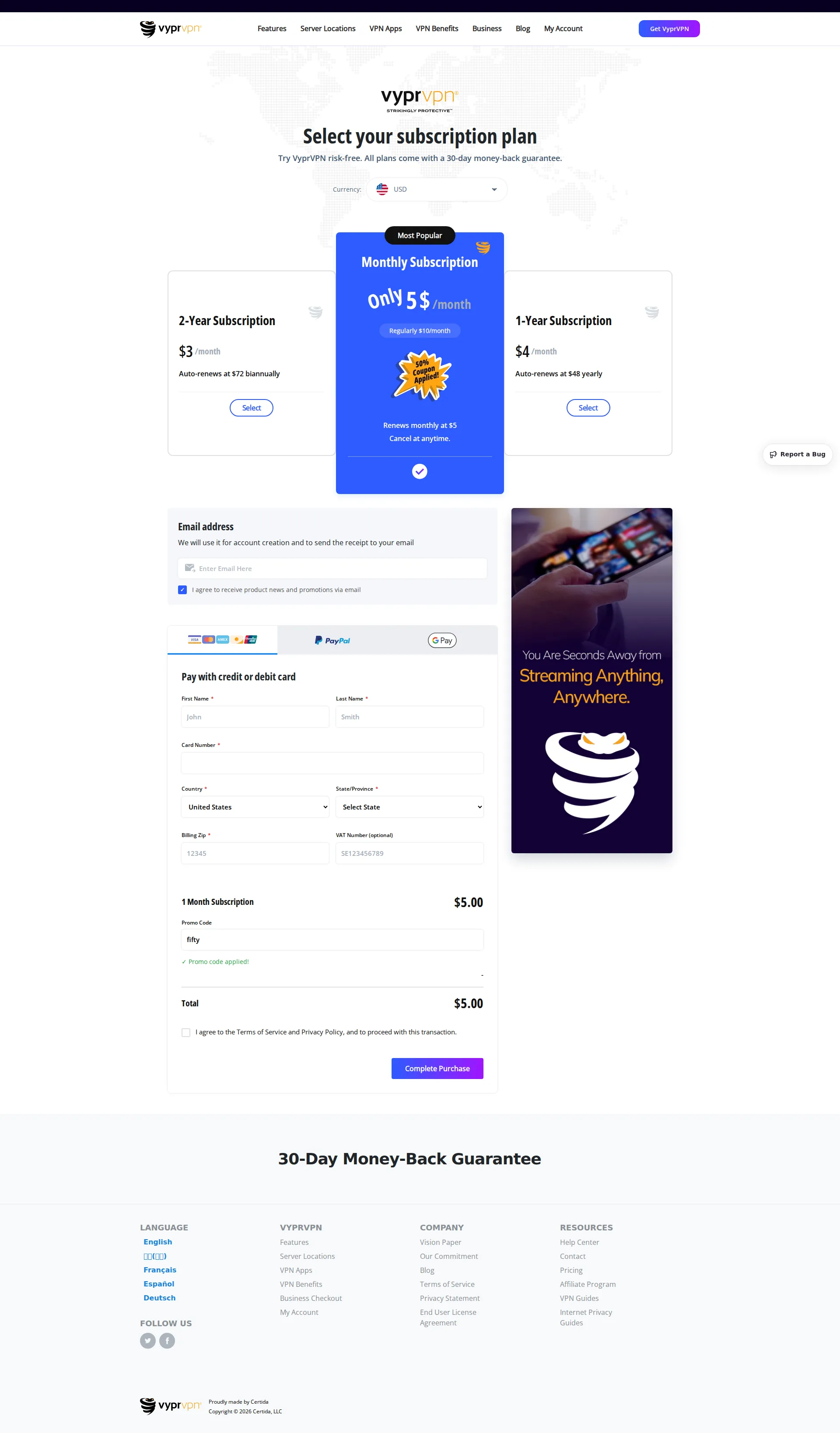 VyprVPN pricing page screenshot