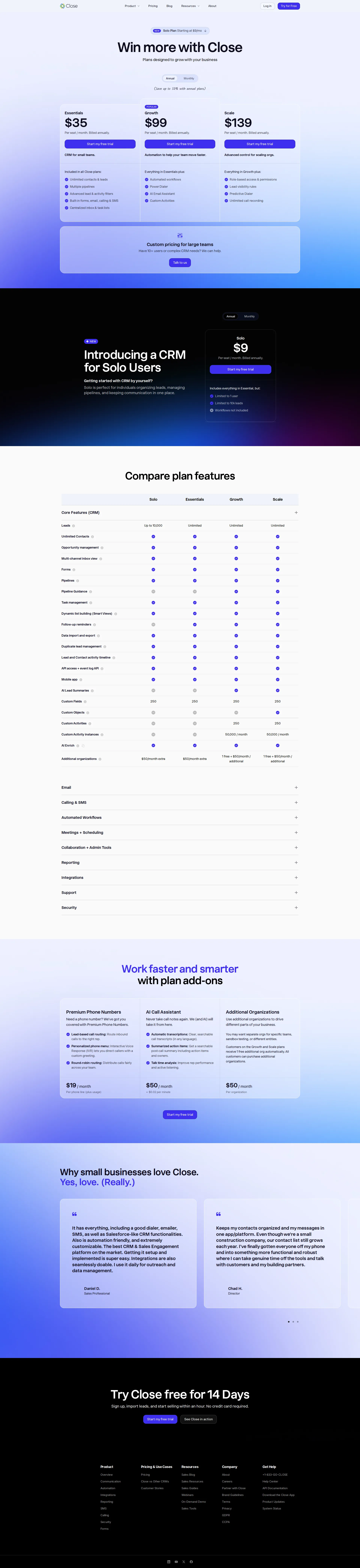 Close pricing page screenshot