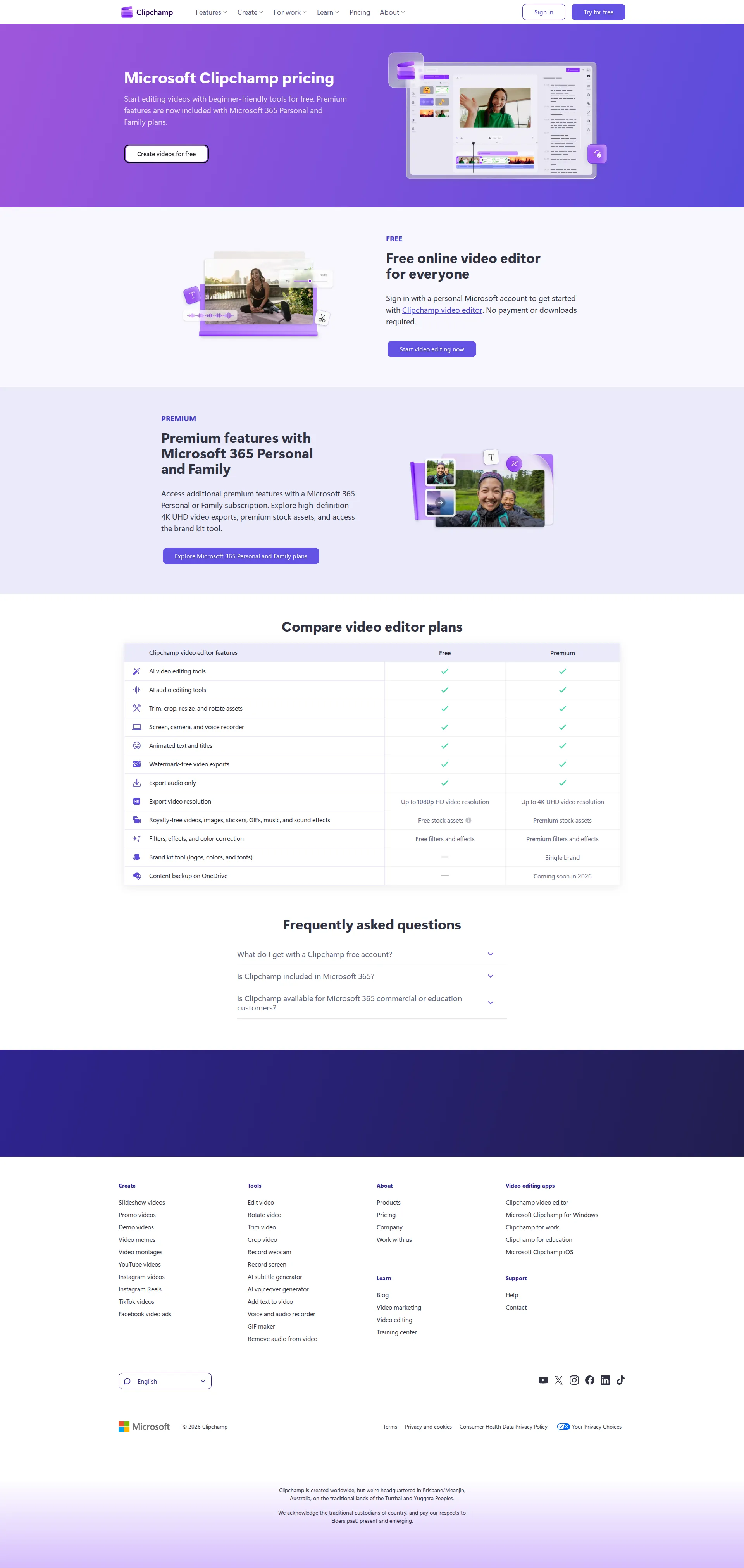 Clipchamp pricing page screenshot