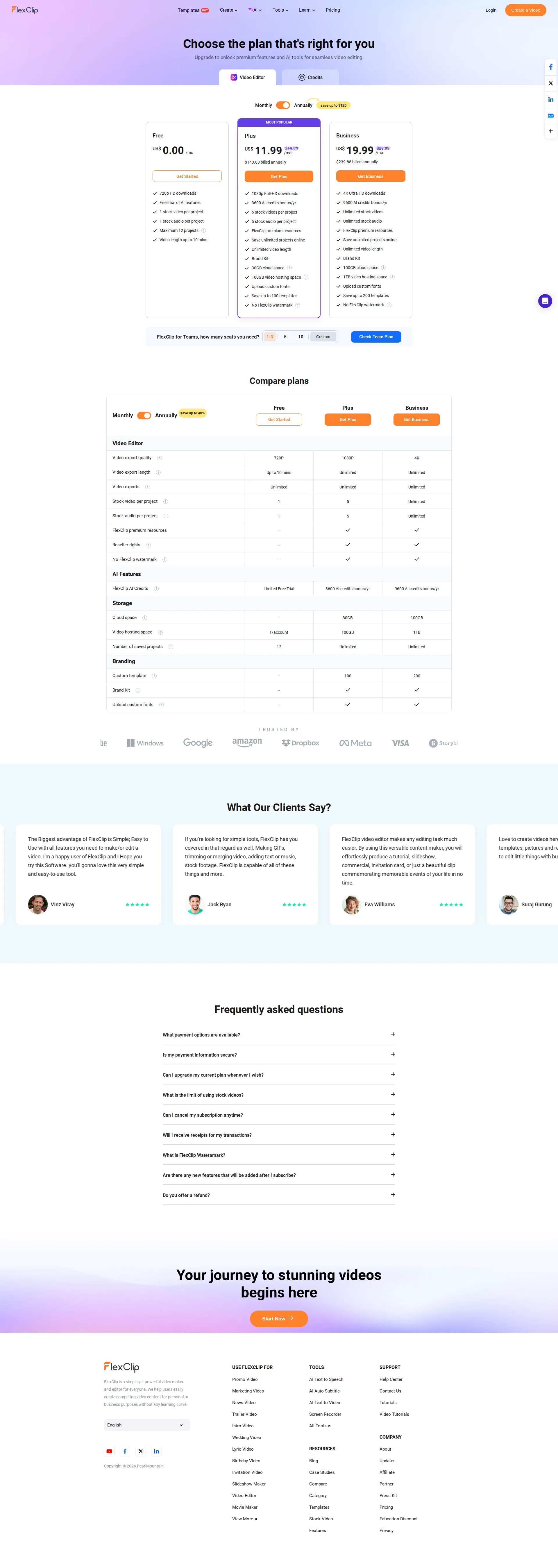 FlexClip pricing page screenshot