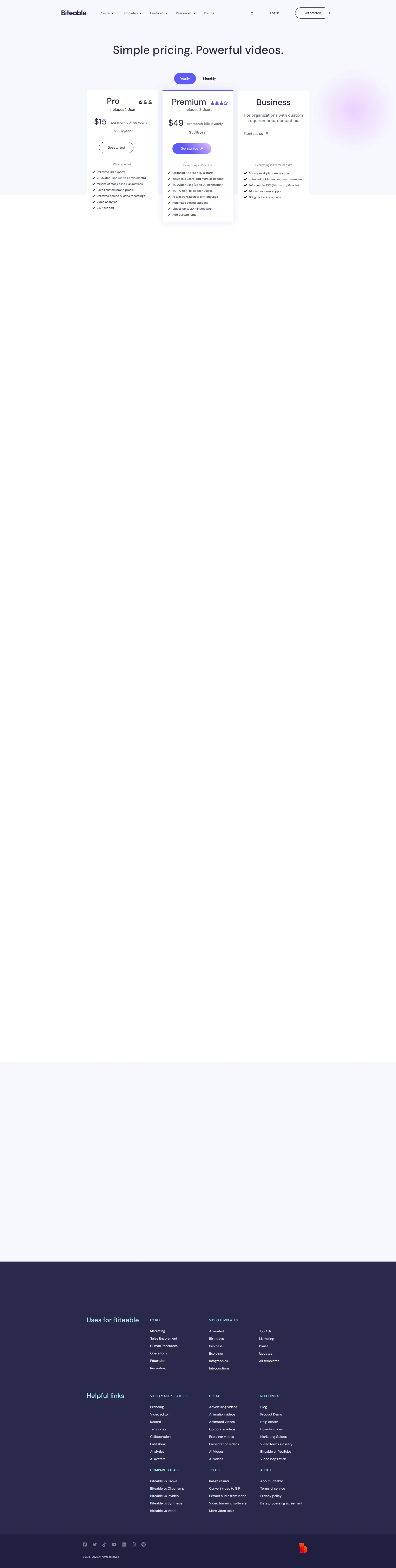 Biteable pricing page screenshot