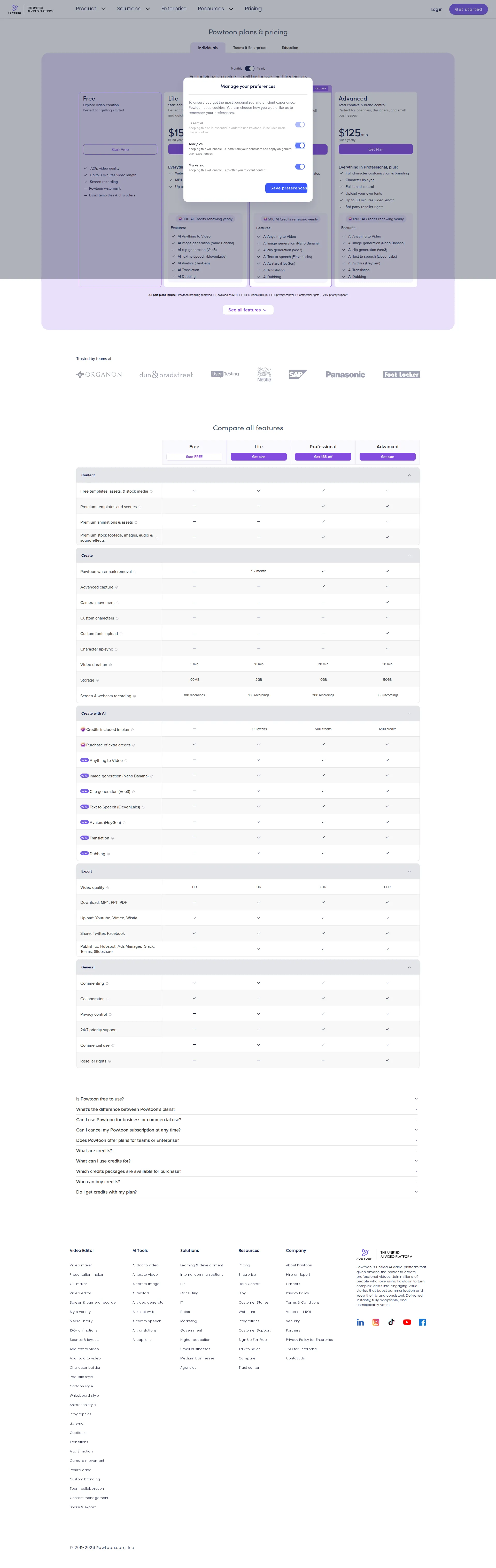 Powtoon pricing page screenshot