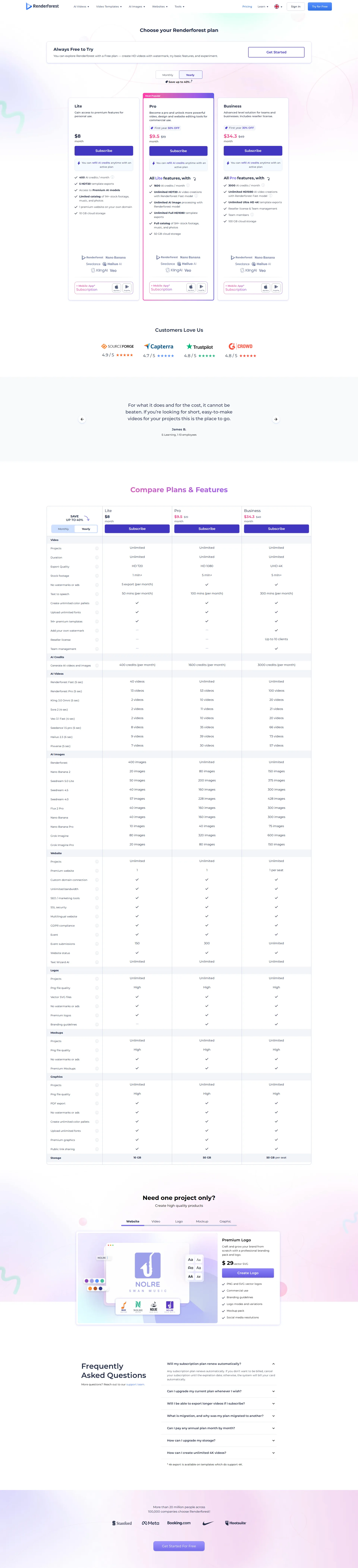 Renderforest pricing page screenshot