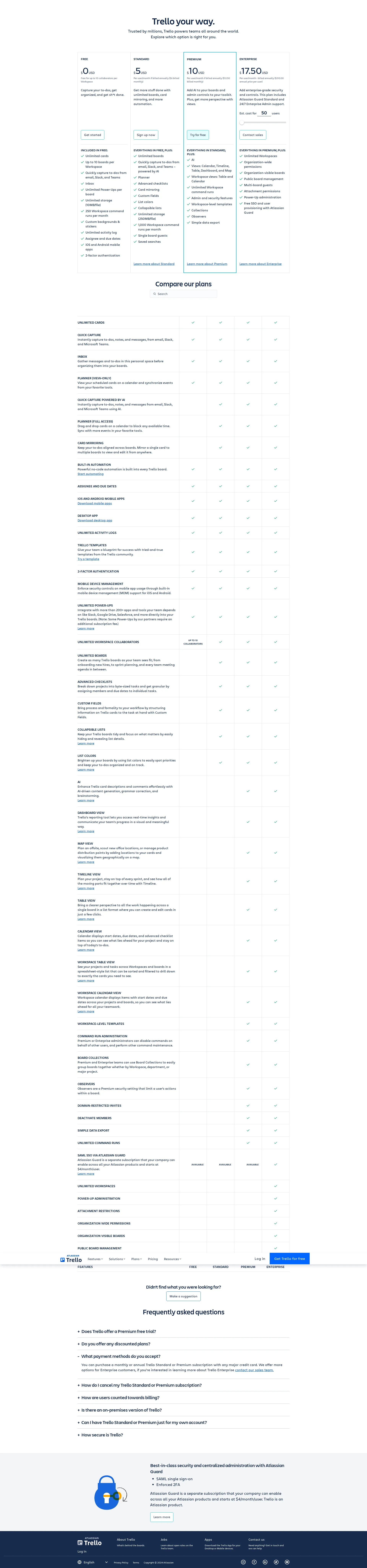Trello pricing page screenshot