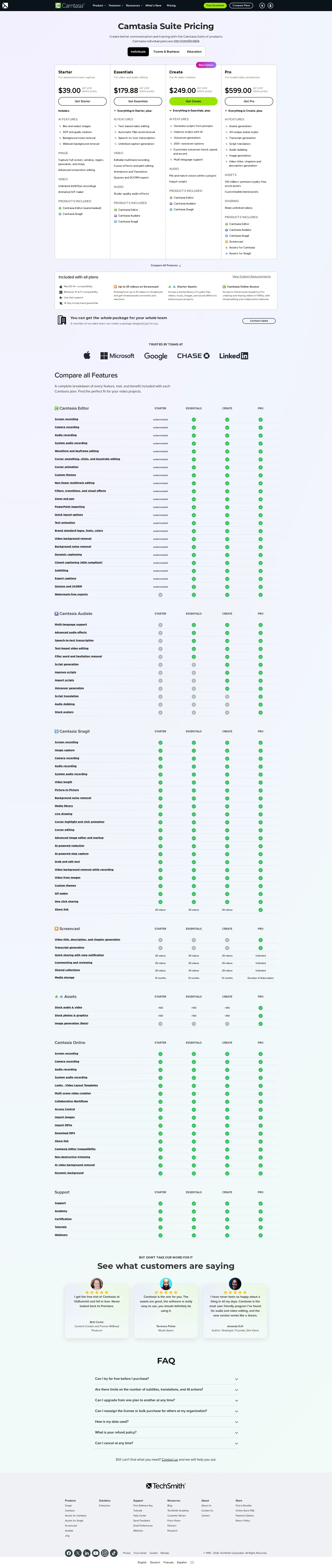 Camtasia pricing page screenshot