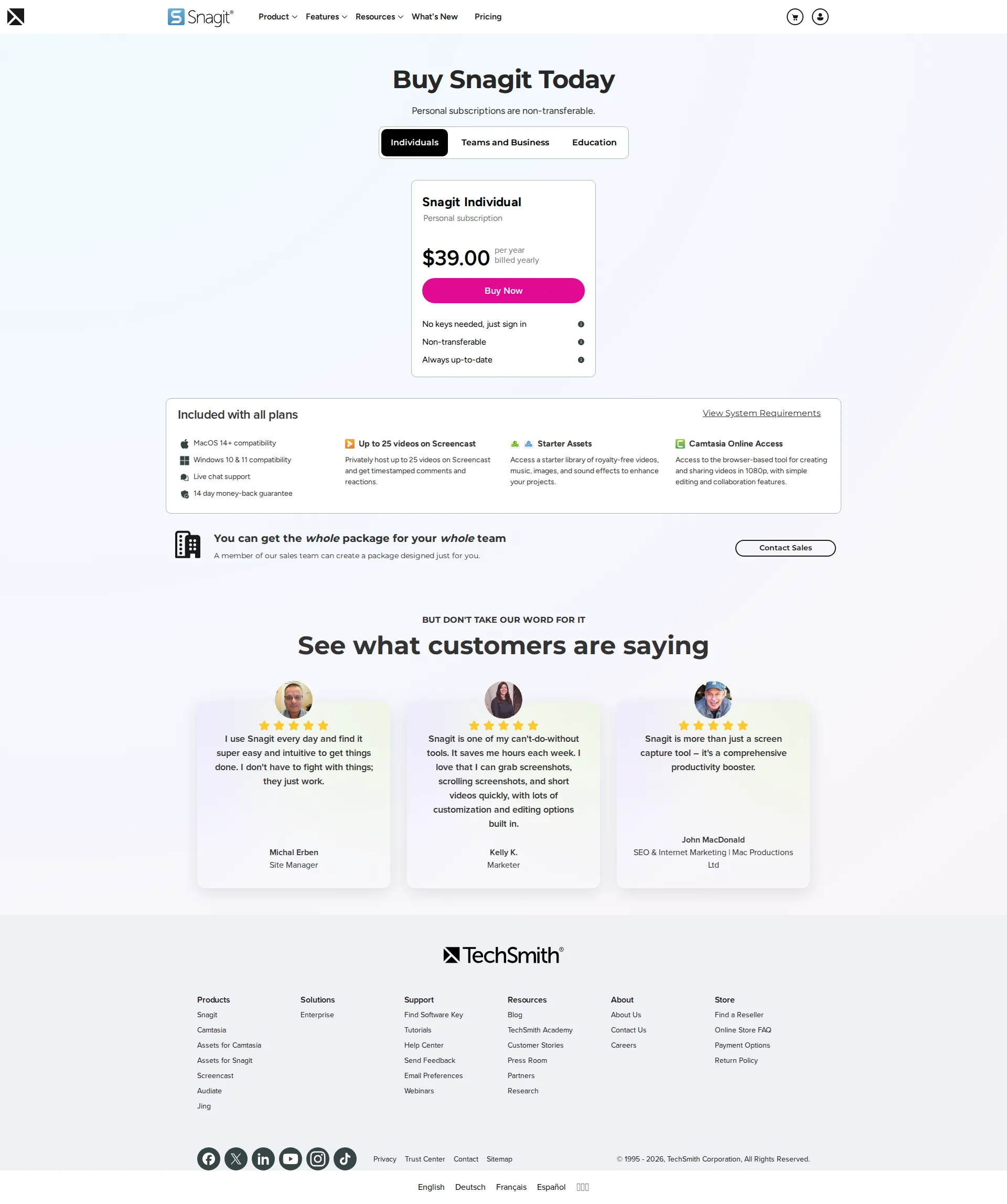 Snagit pricing page screenshot