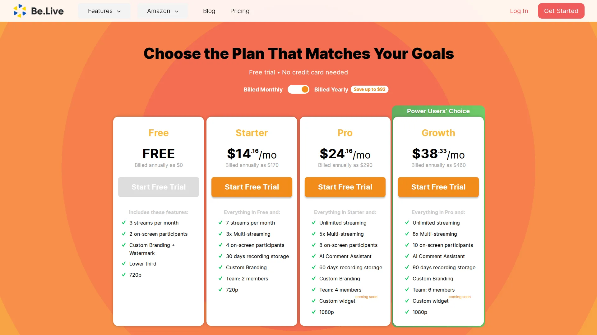 Be.Live pricing page screenshot