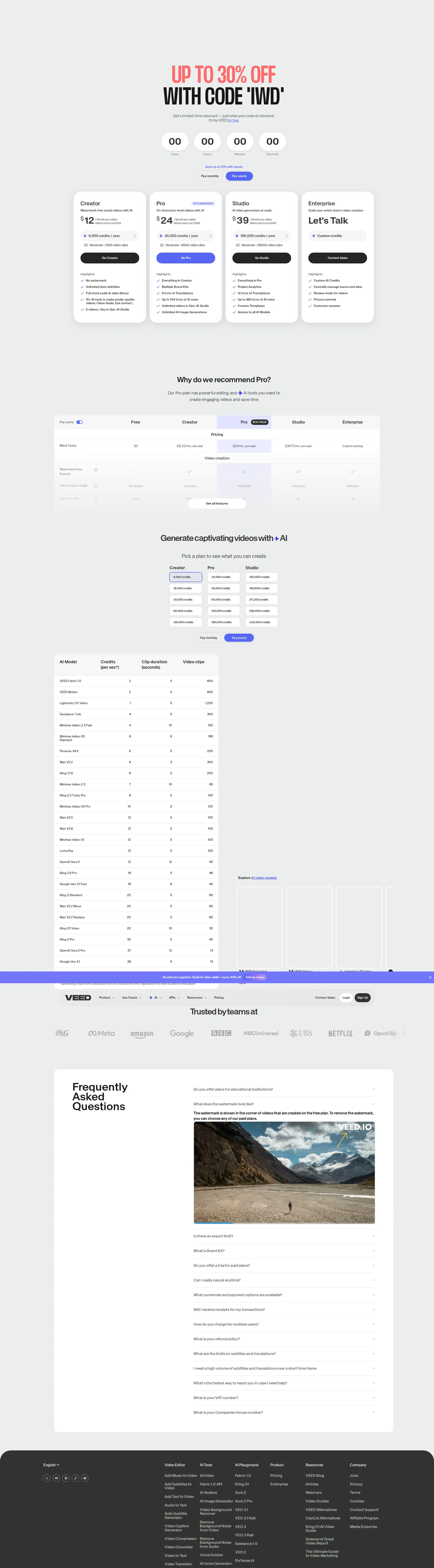 Veed.io pricing page screenshot