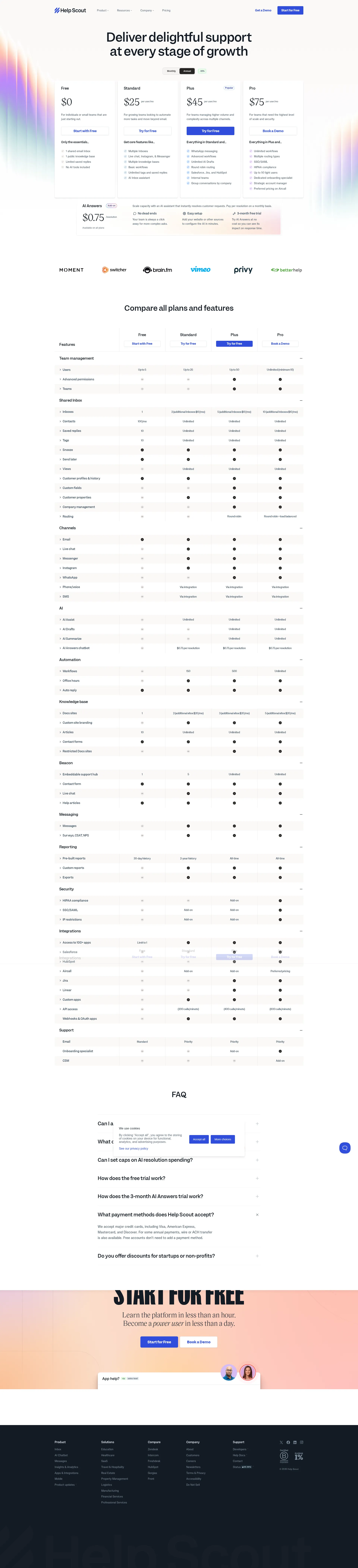 Help Scout pricing page screenshot
