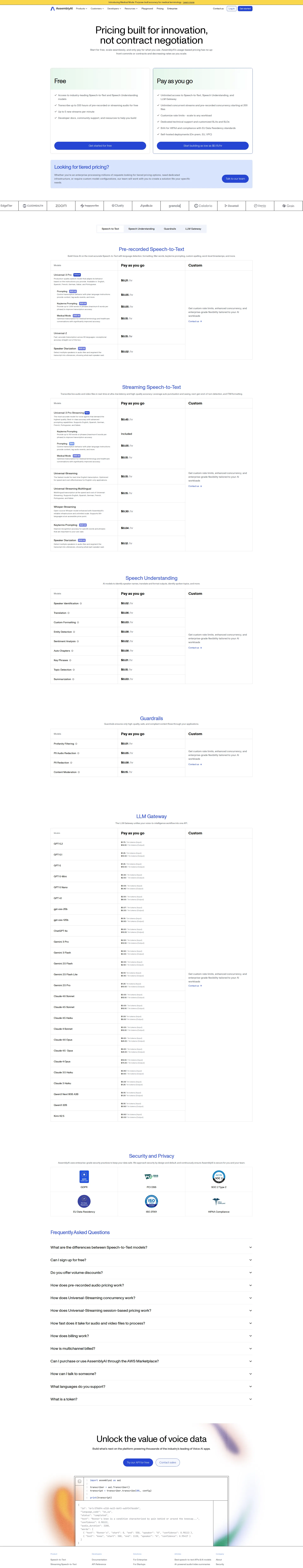 AssemblyAI pricing page screenshot
