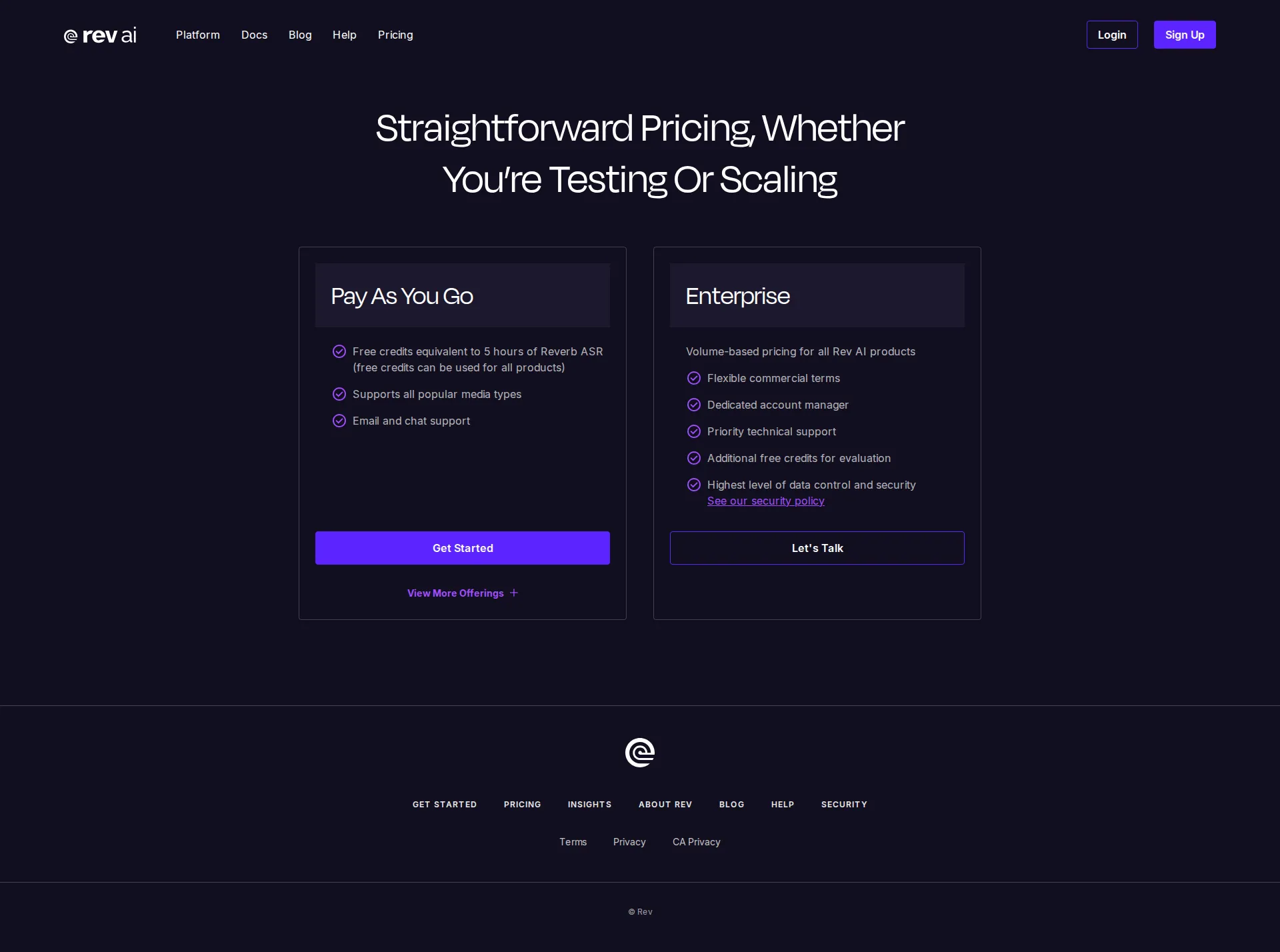 Rev AI pricing page screenshot