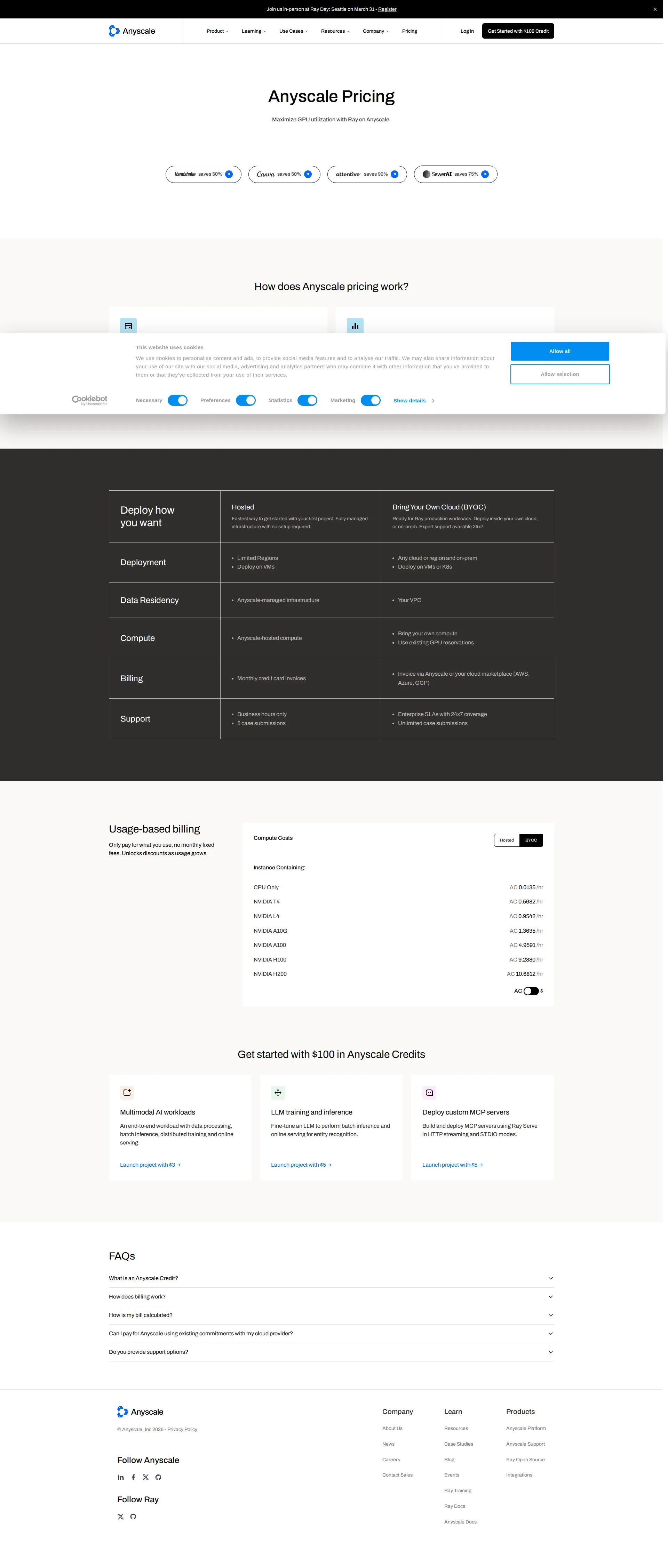 Anyscale pricing page screenshot