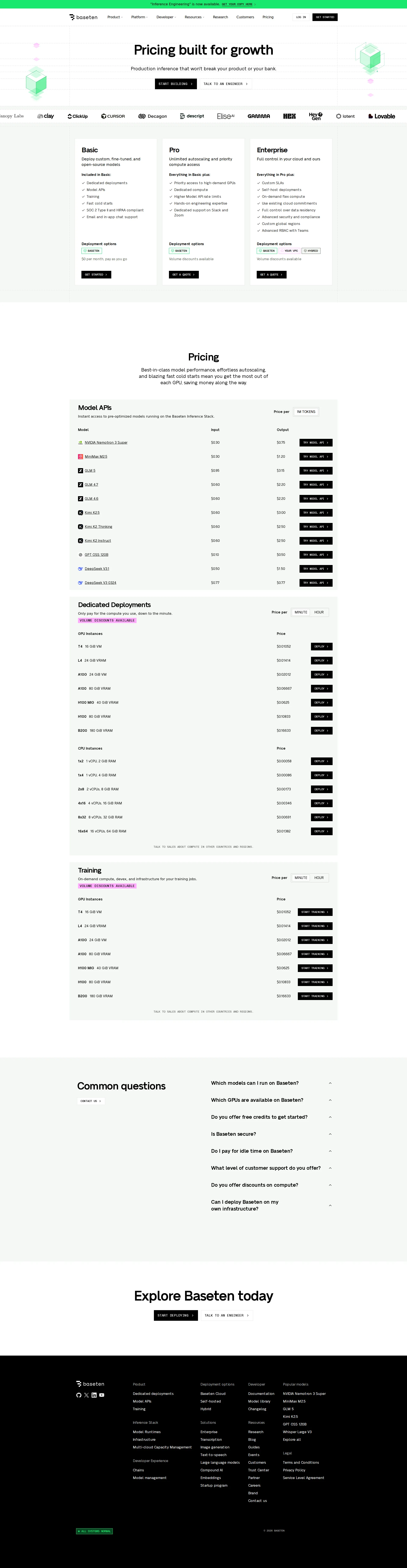 Baseten pricing page screenshot