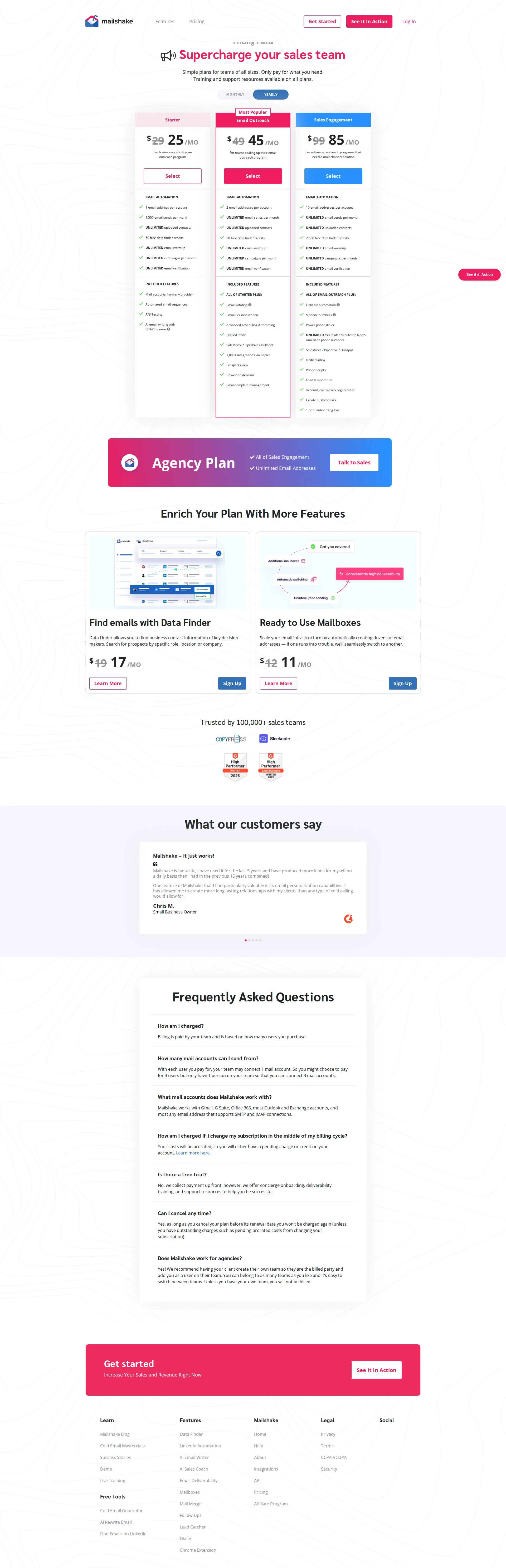 Mailshake pricing page screenshot