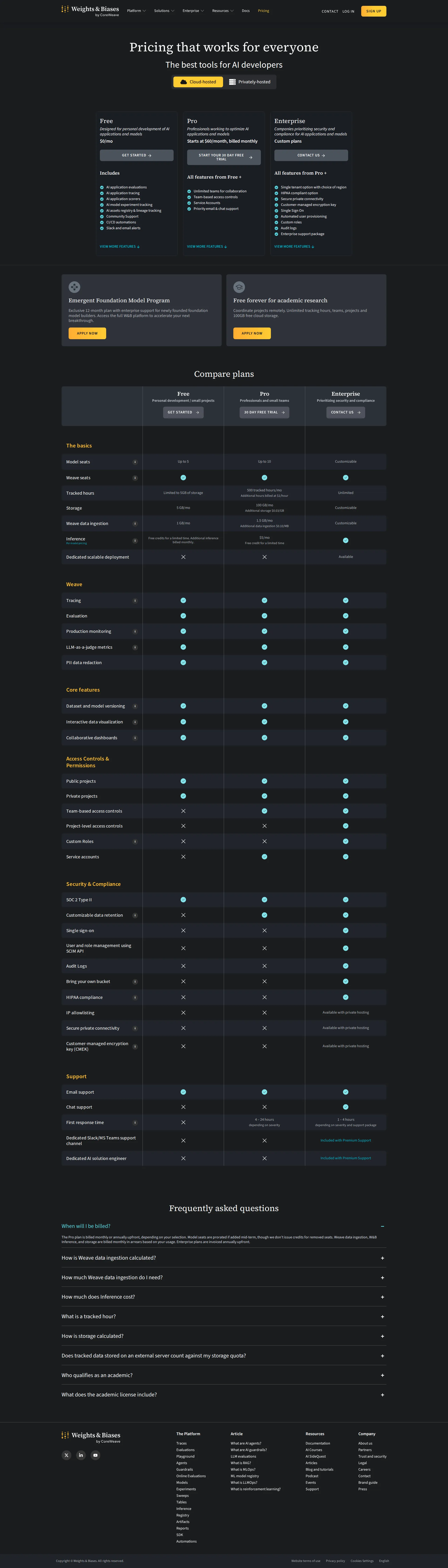 Weights & Biases pricing page screenshot