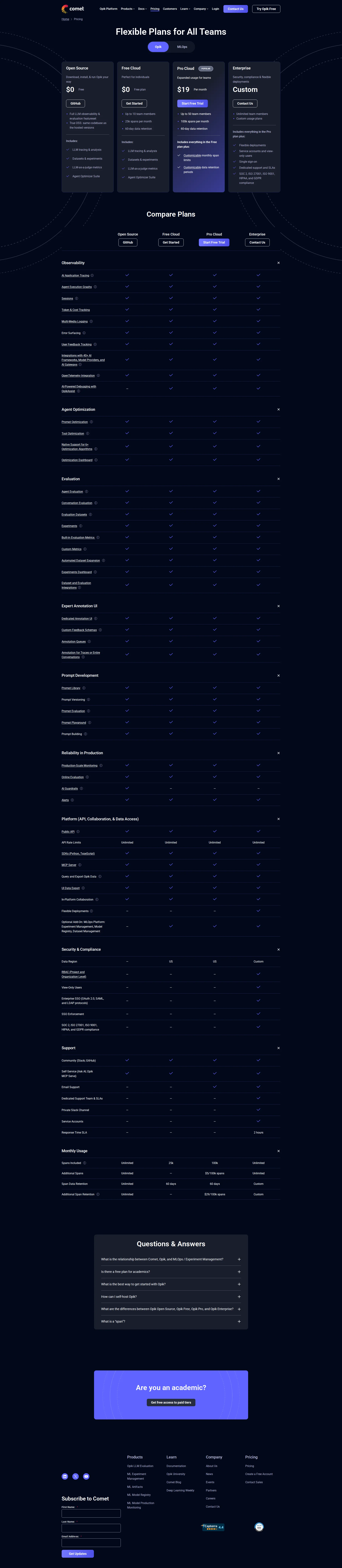 Comet ML pricing page screenshot