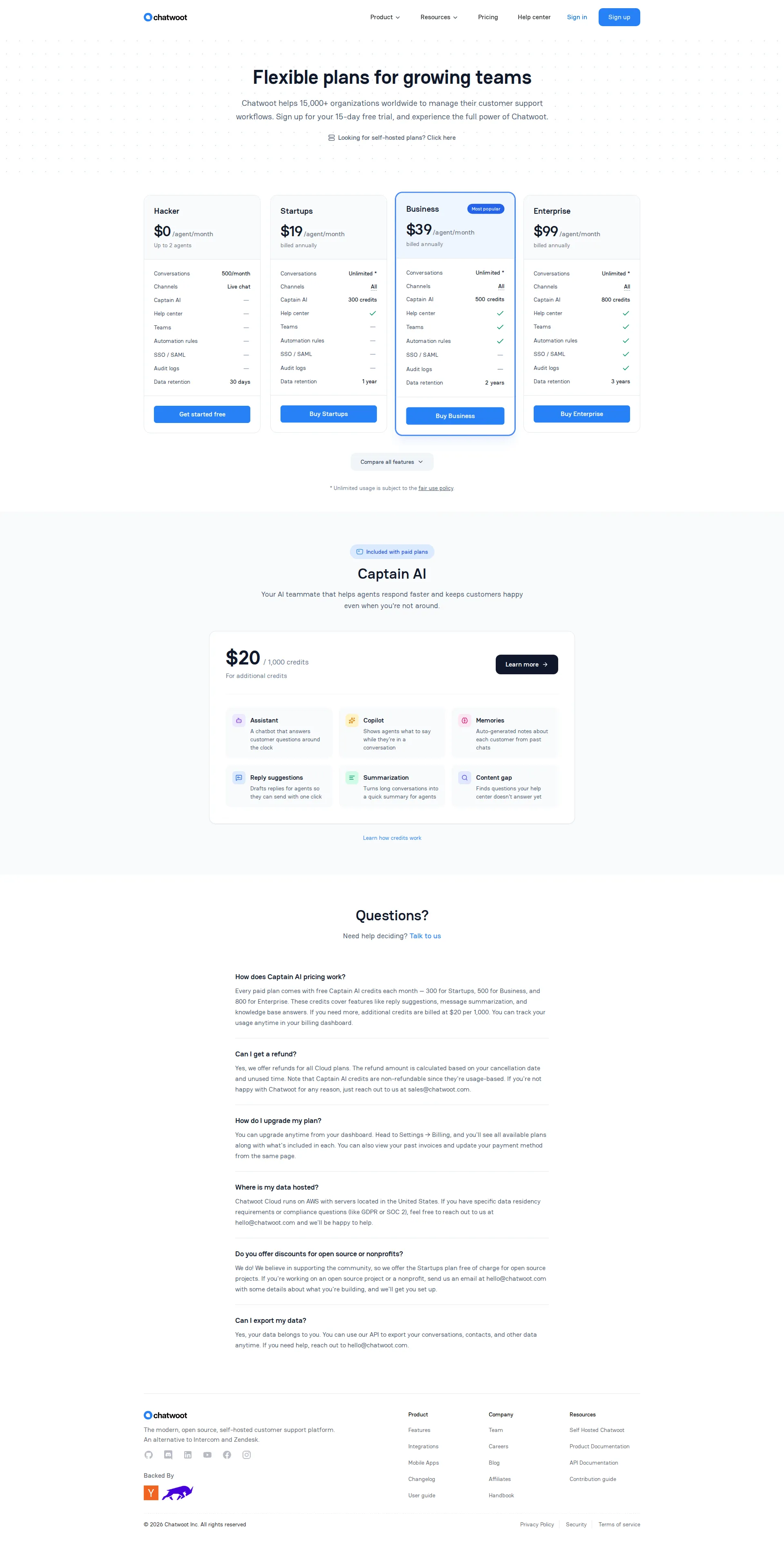 Chatwoot pricing page screenshot