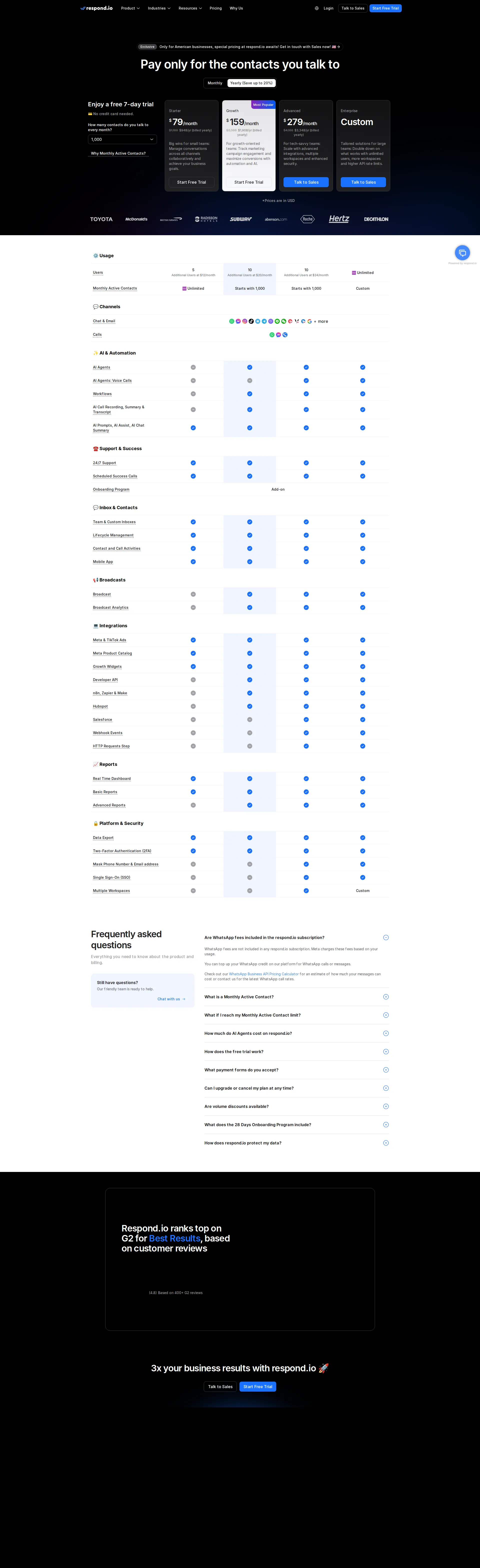 Respond.io pricing page screenshot