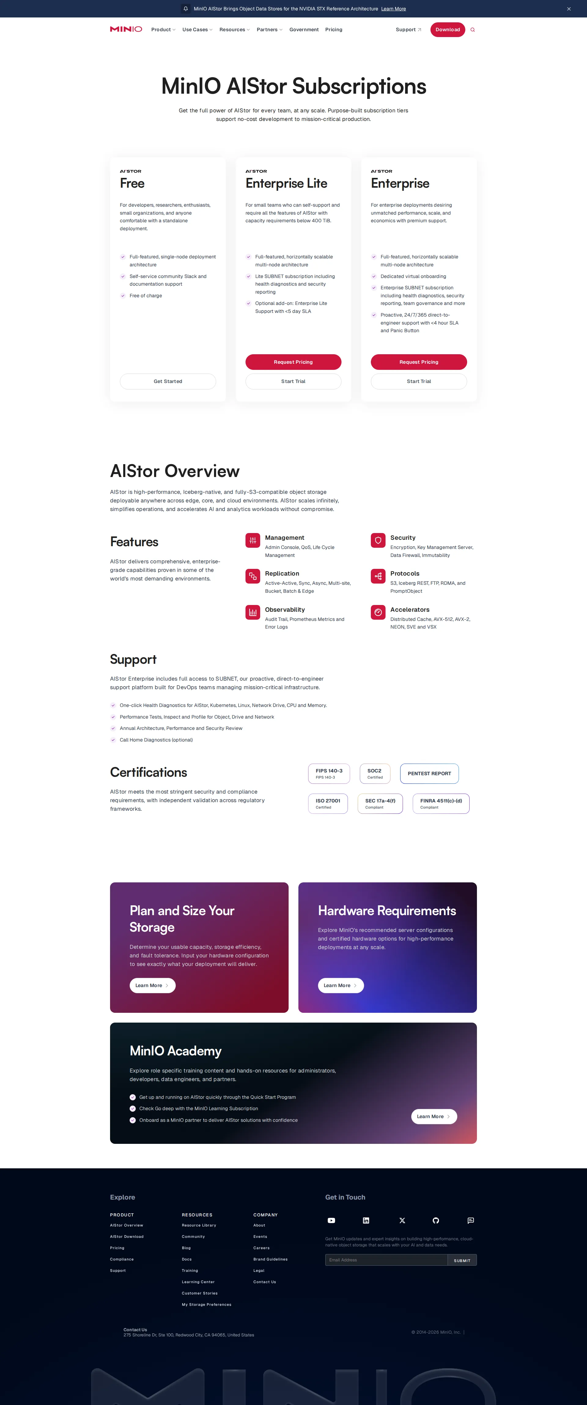 Minio pricing page screenshot