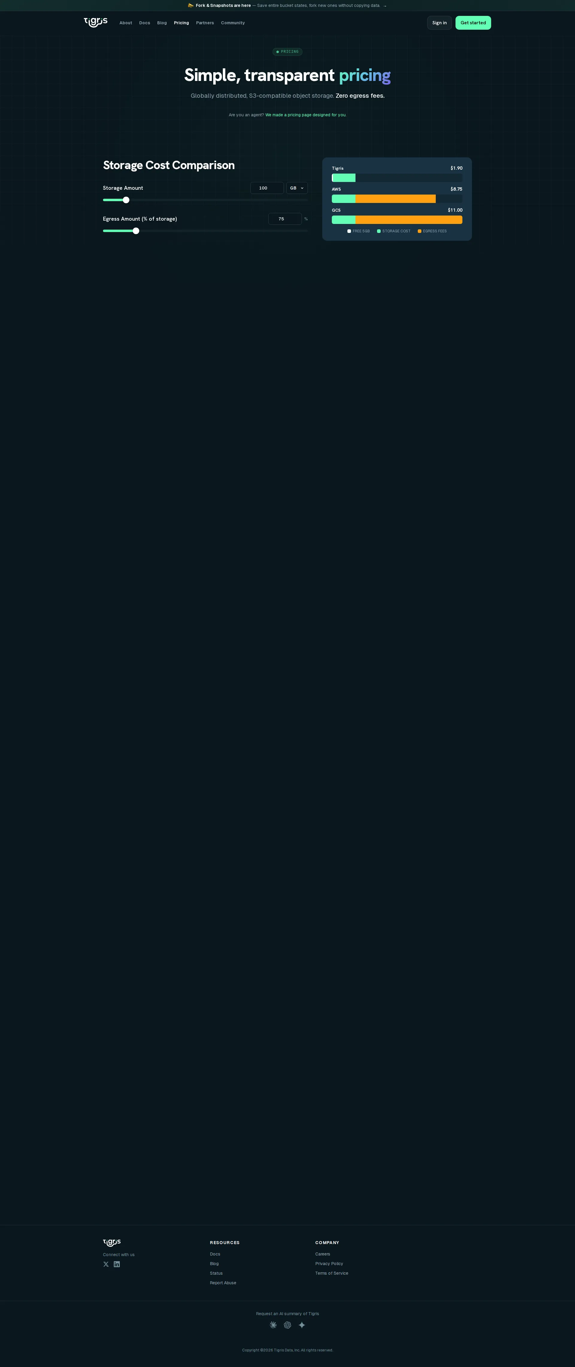 Tigris Data pricing page screenshot