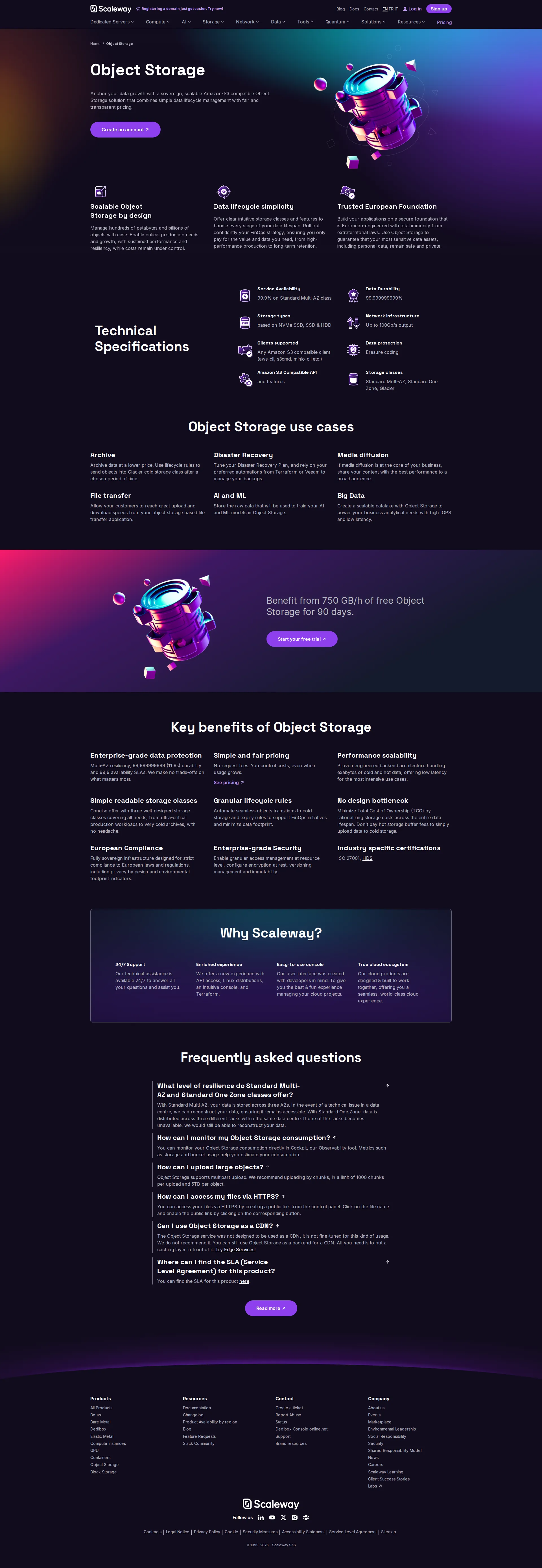 Scaleway Object Storage pricing page screenshot