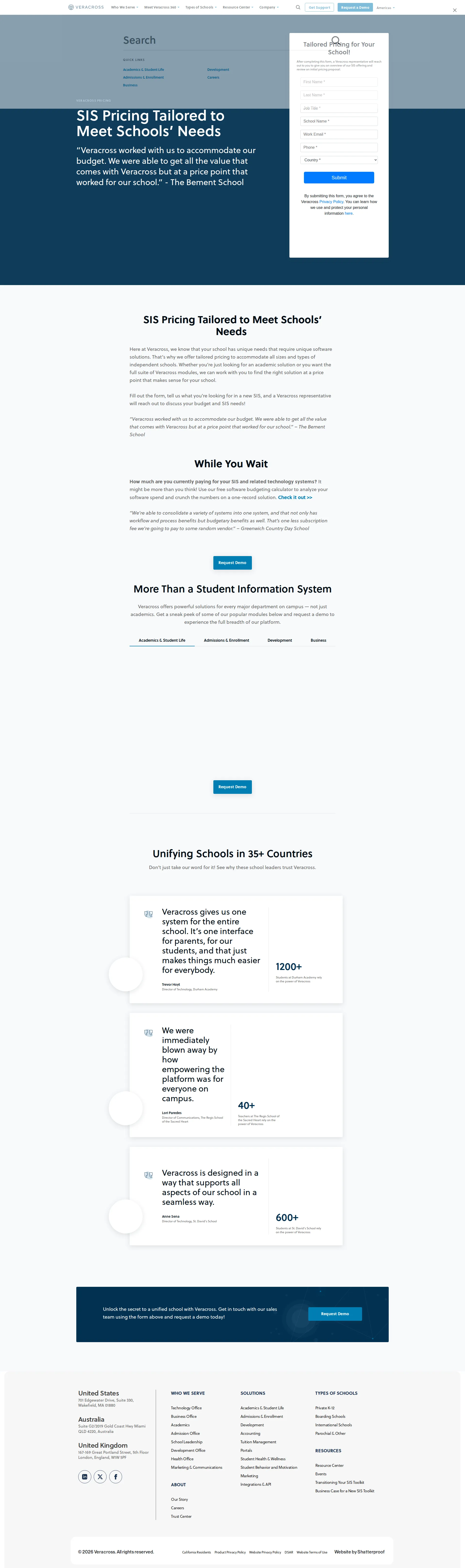 Veracross pricing page screenshot