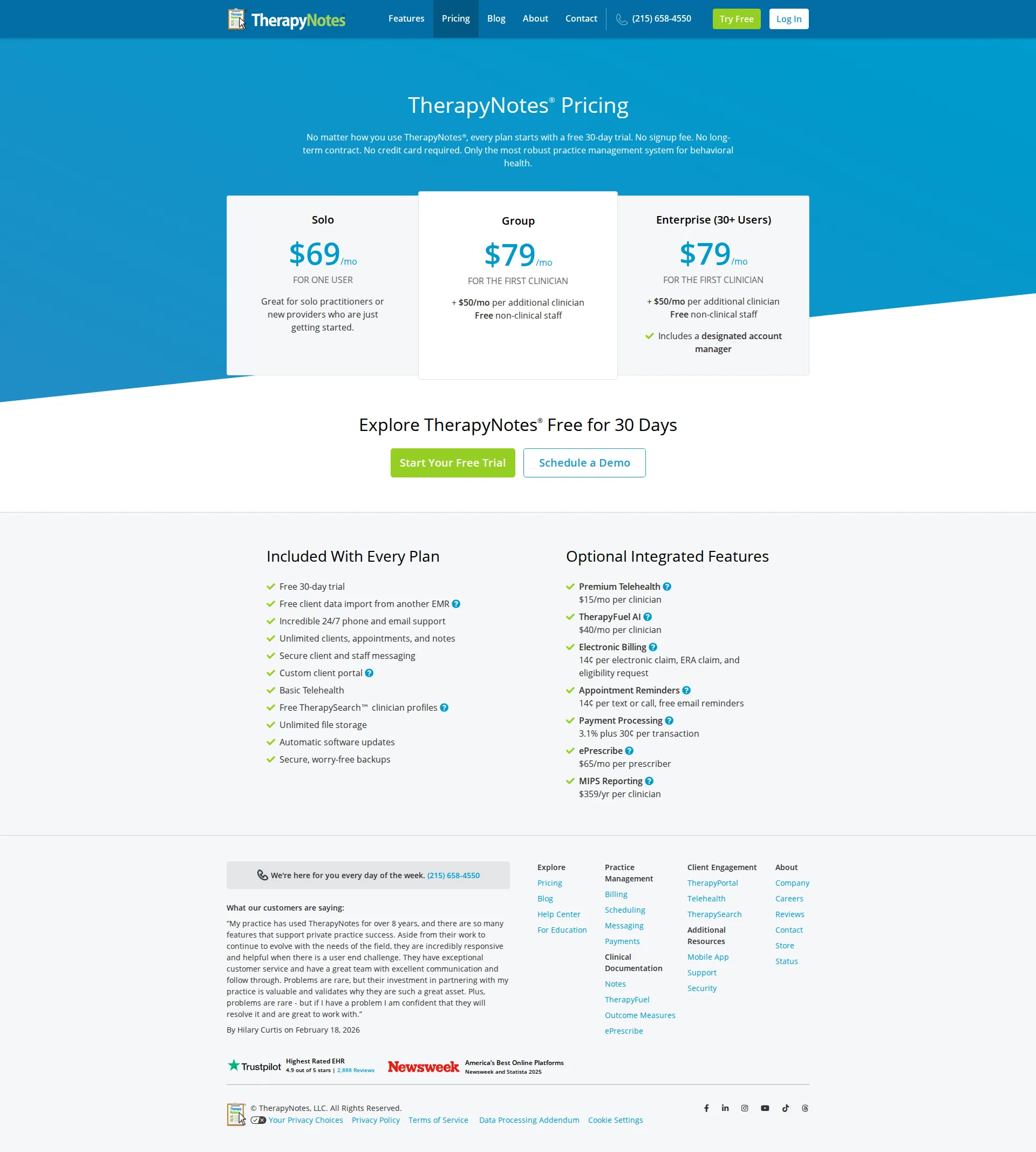 TherapyNotes pricing page screenshot