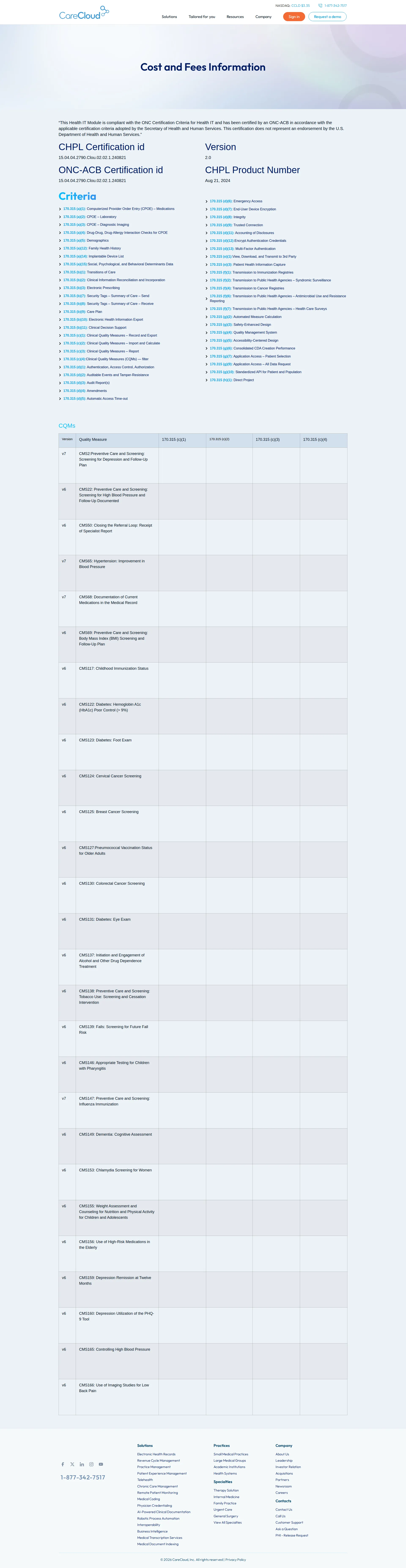 CareCloud pricing page screenshot