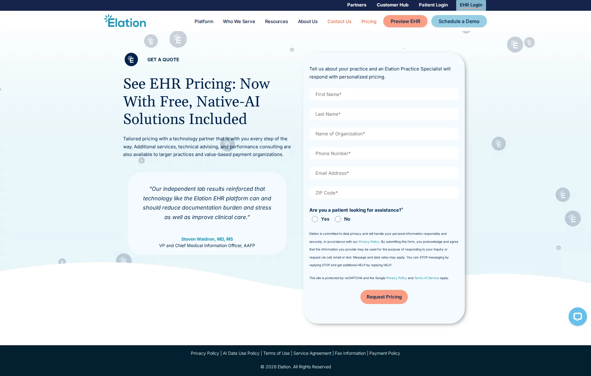 Elation Health pricing page screenshot