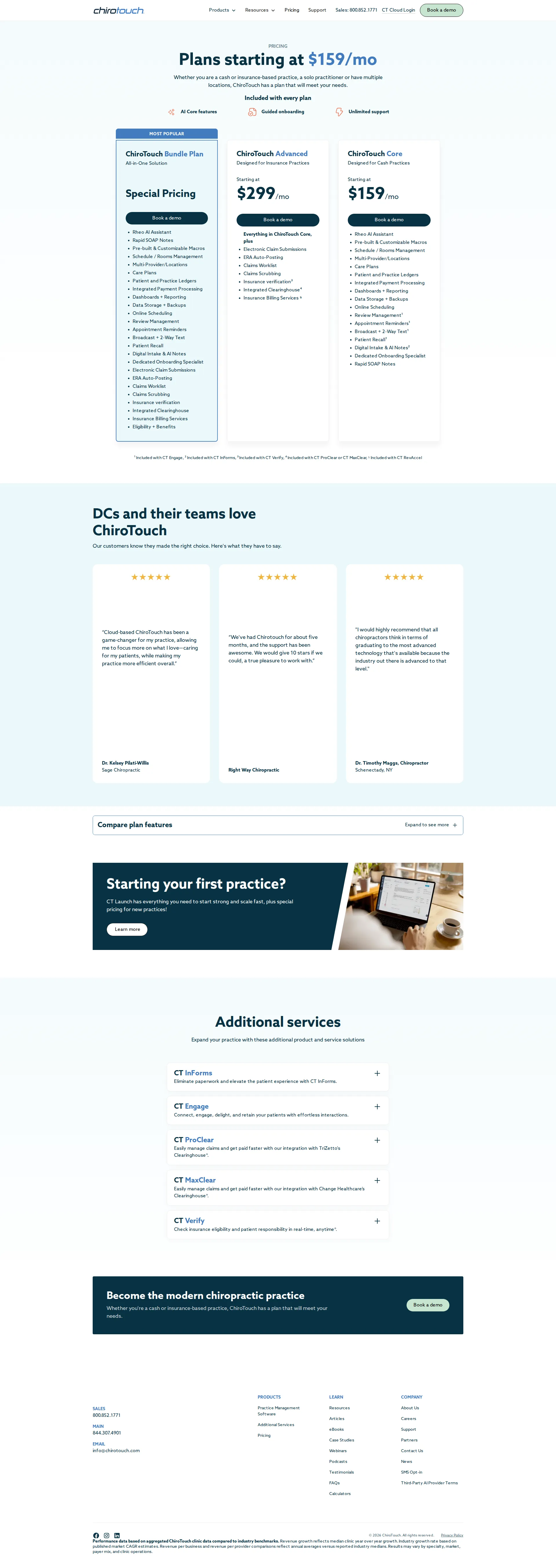 ChiroTouch pricing page screenshot