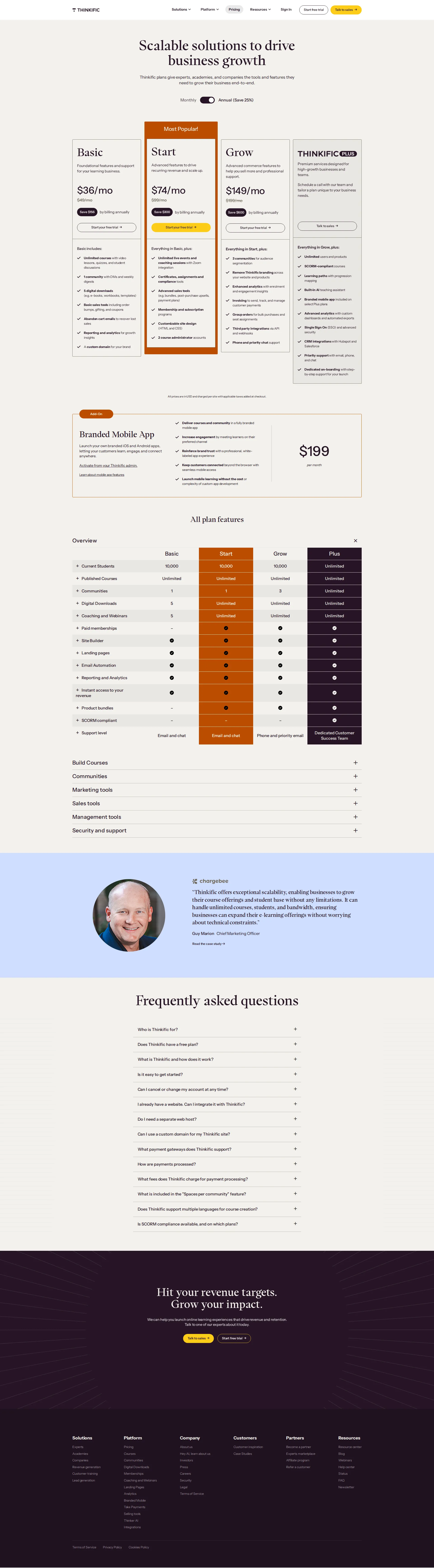 Thinkific pricing page screenshot